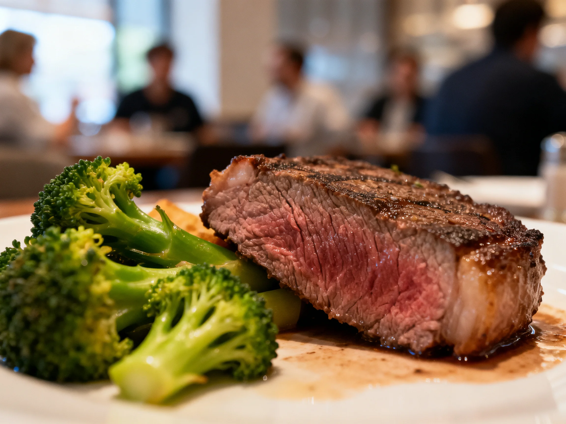 A succulent medium-rare steak paired with fresh green broccoli on a white plate