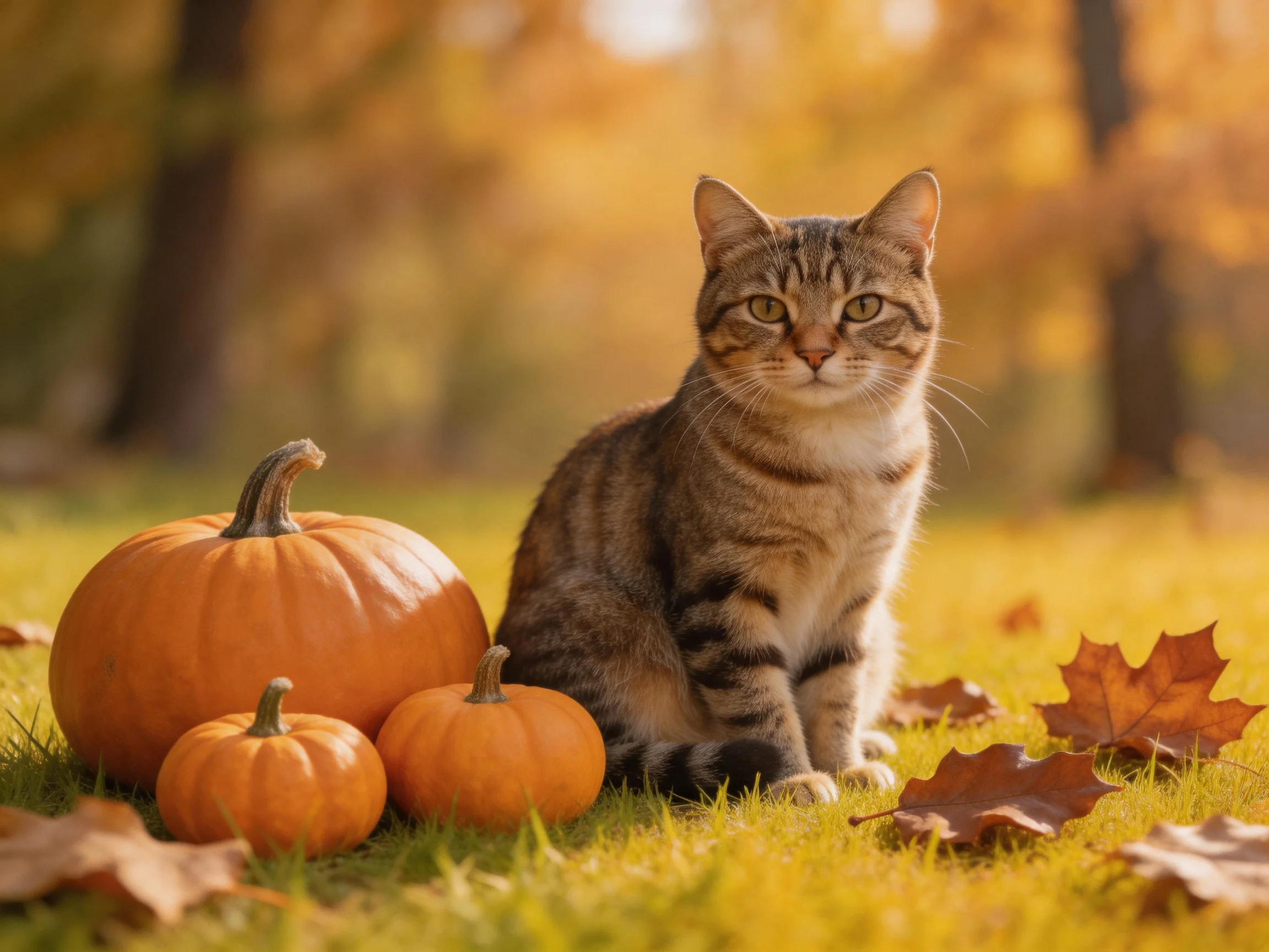 A tabby cat sits among three orange pumpkins and fallen maple leaves in an autumnal park