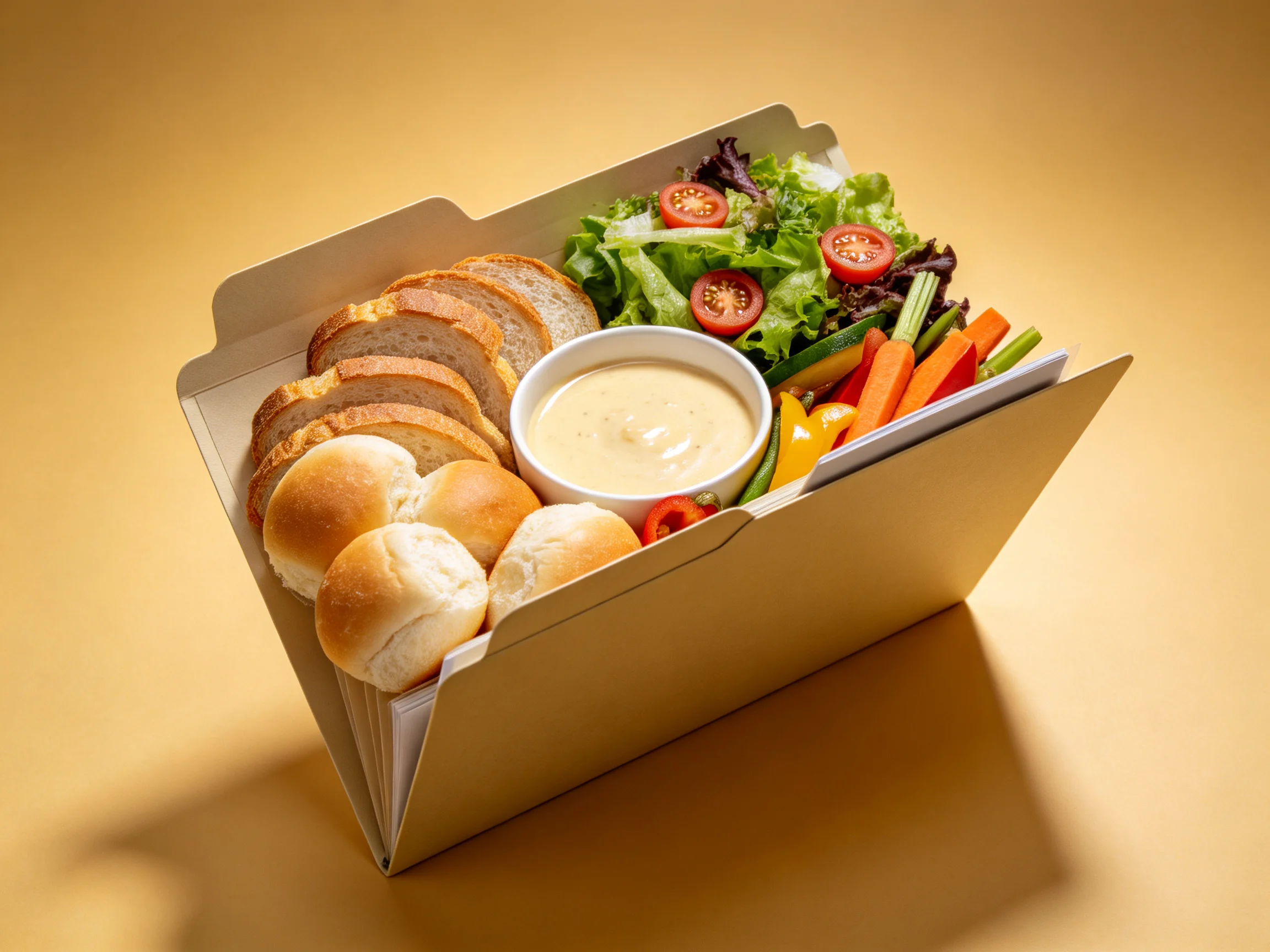 A takeout box containing bread, salad, veggies, and dip