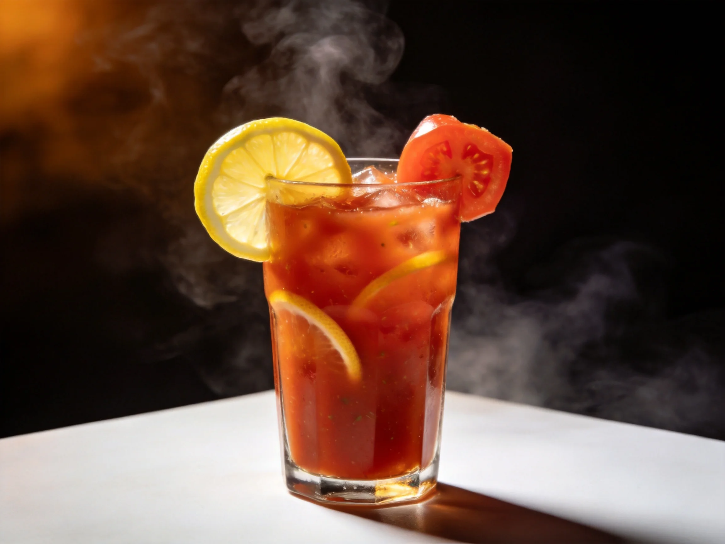 A tall glass of vibrant red cocktail with lemon and tomato garnishes