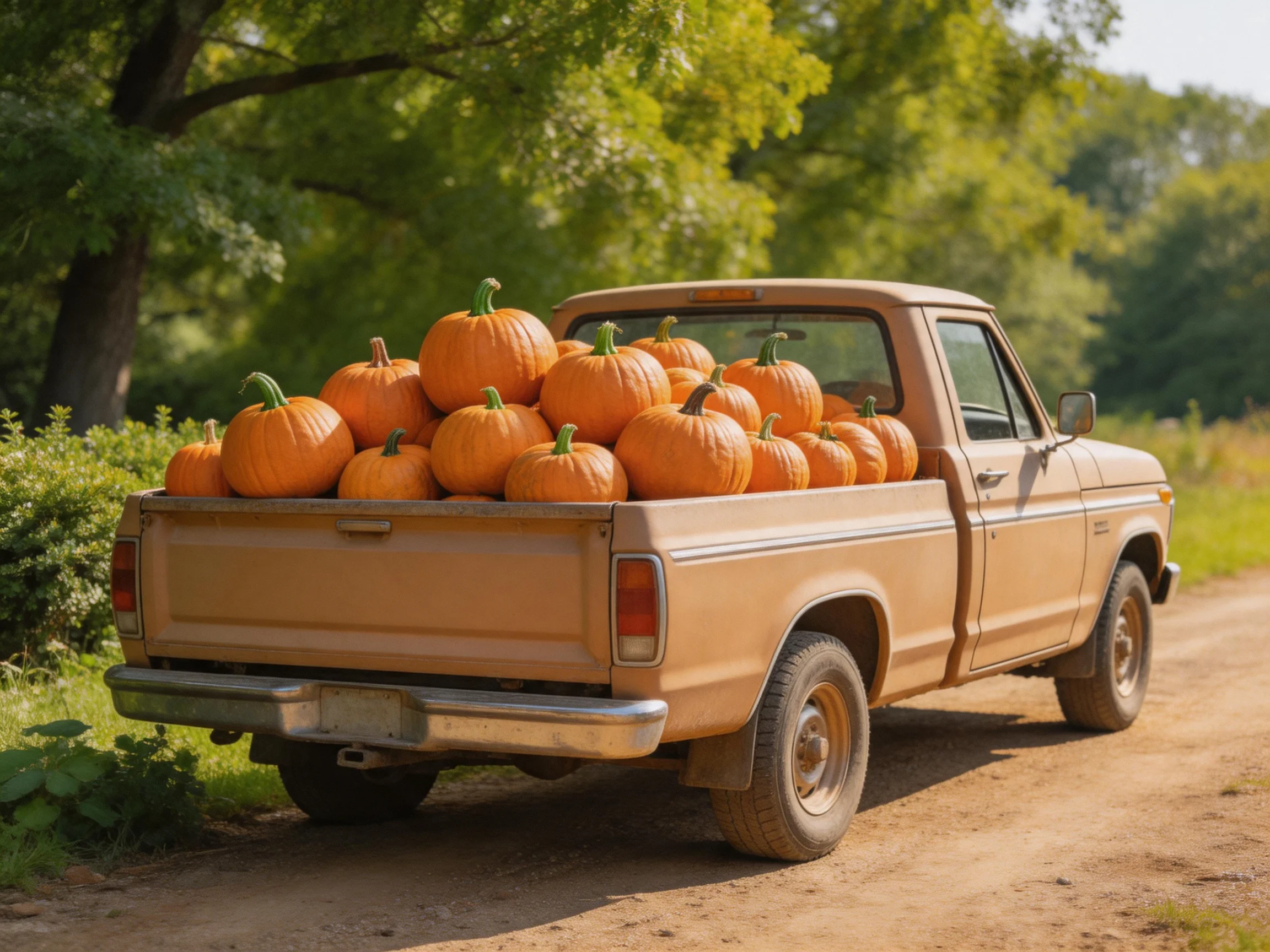 A tan pickup truck loaded with numerous bright orange pumpkins