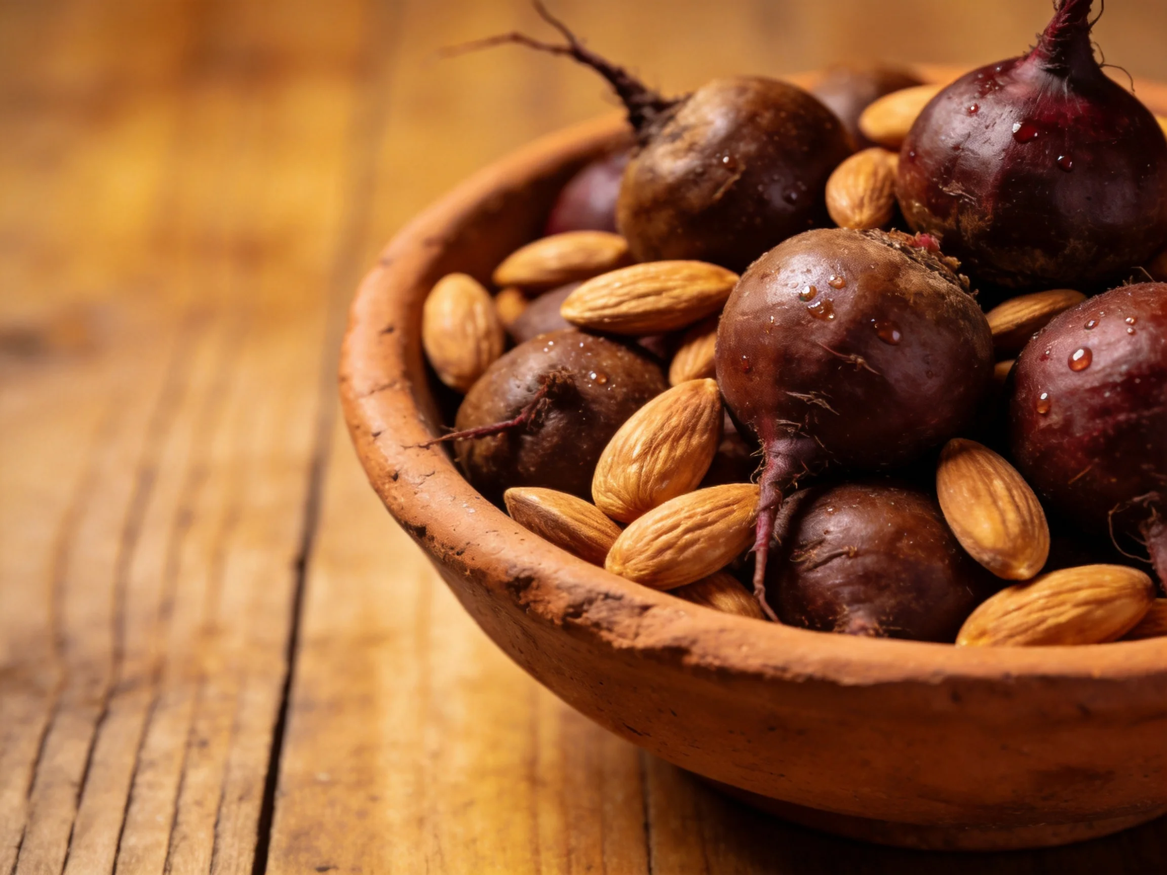 A terracotta bowl contains dark beets and almonds on a wooden surface