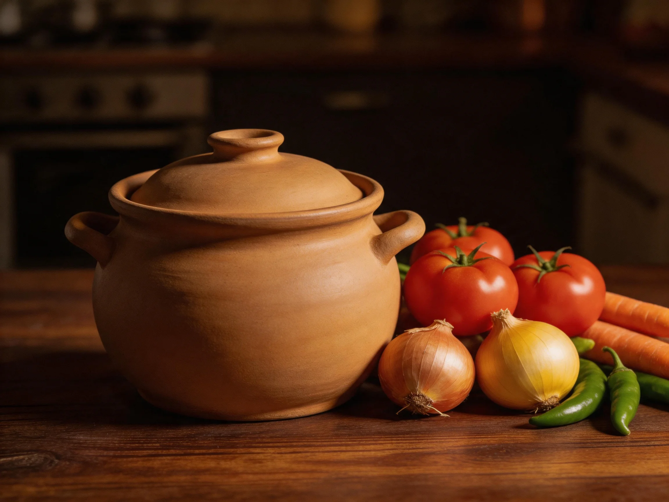 A terracotta pot beside four tomatoes, two onions, carrots, and peppers on wooden surface