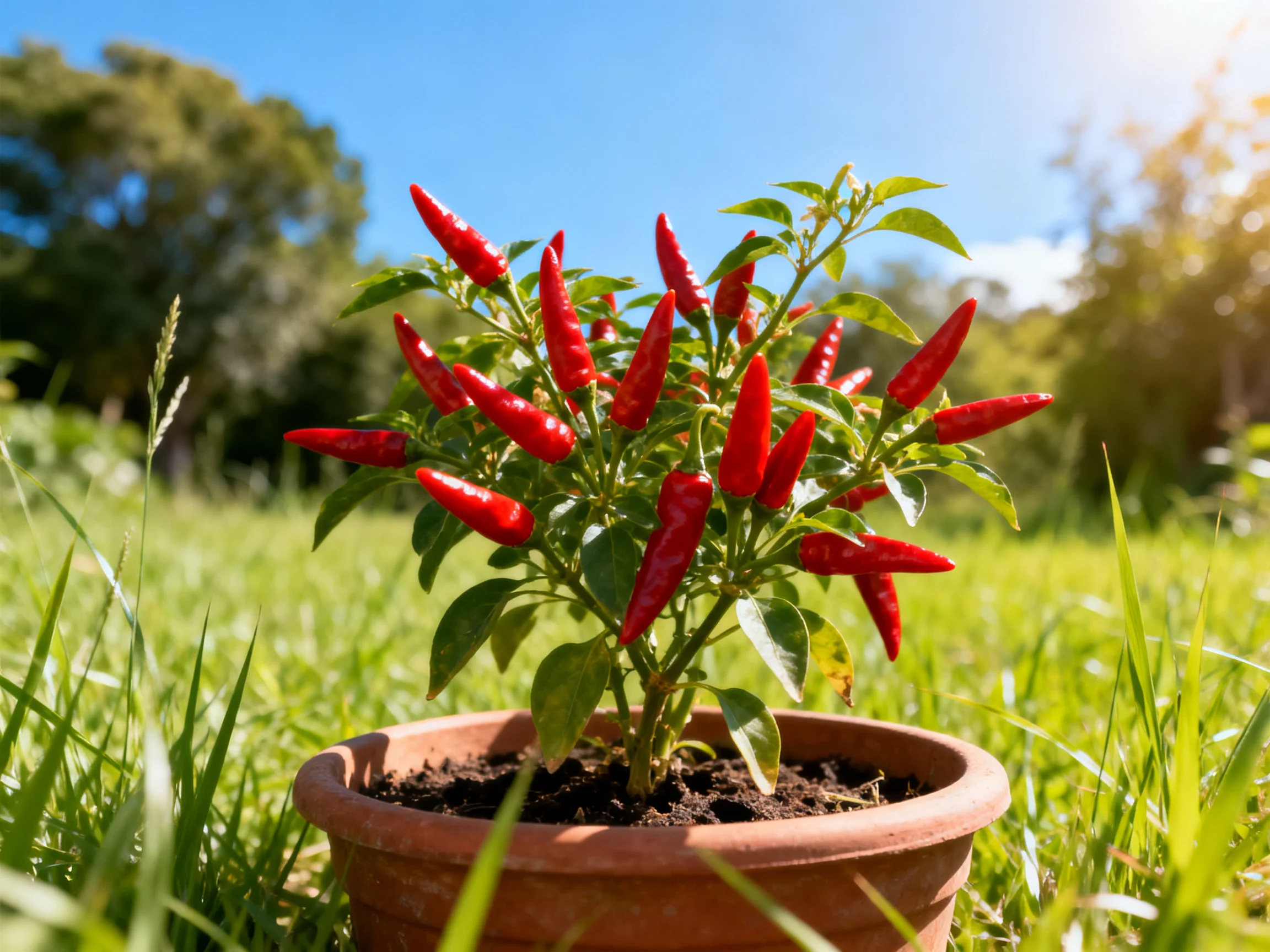 A terracotta pot holds a lush plant with many bright red chili peppers in a sunny outdoor setting