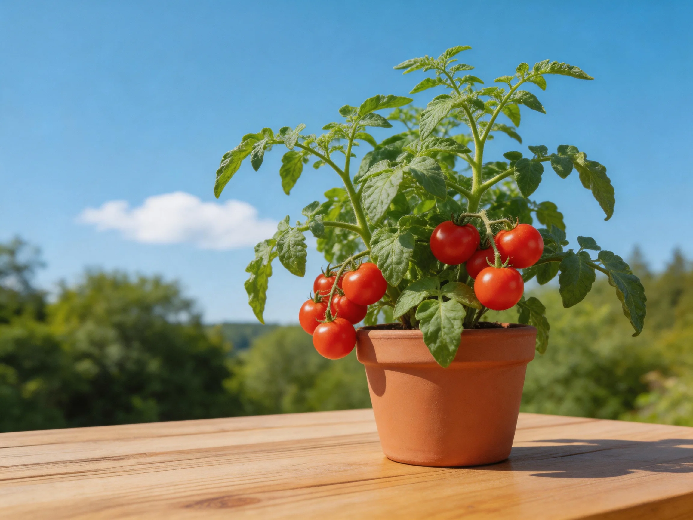 A terracotta pot holds vibrant cherry tomatoes on a wooden table under clear blue sky