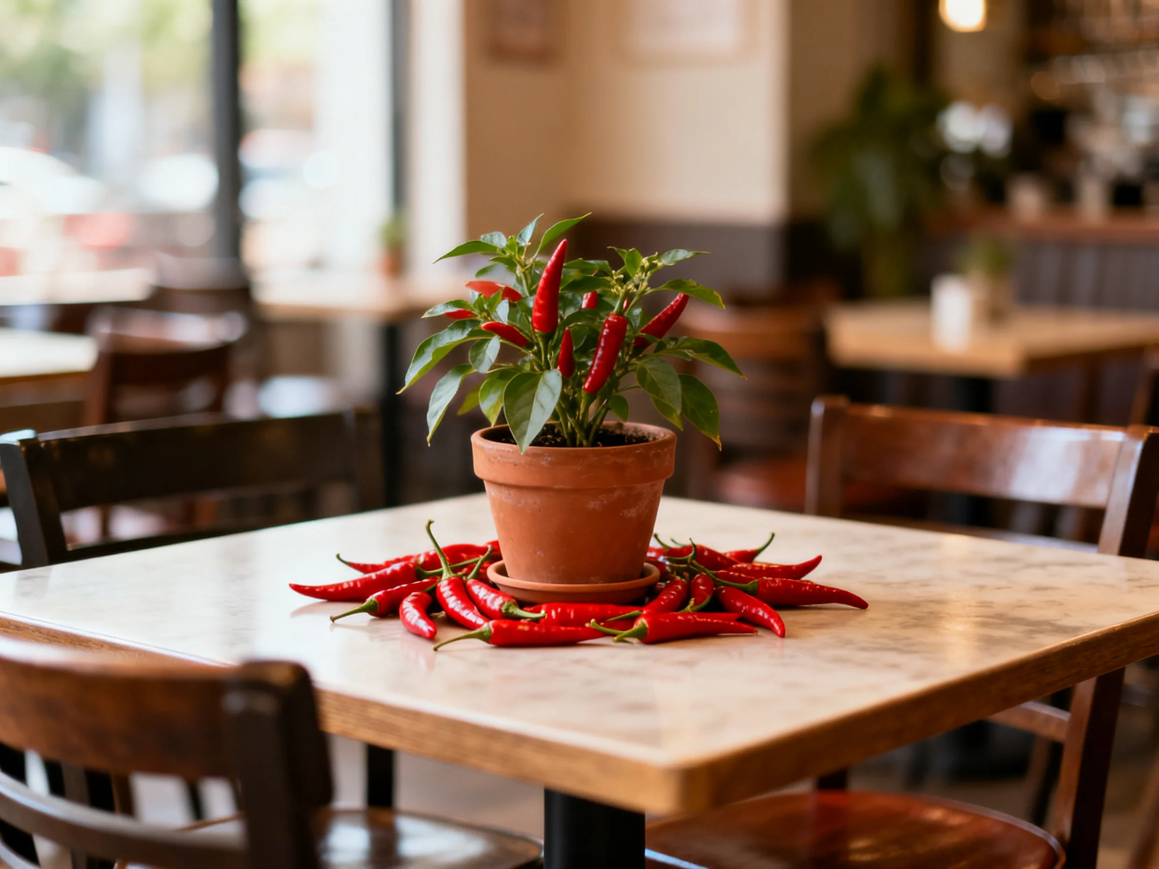 A terracotta pot with red chilies decorates a marble table in a cozy restaurant.