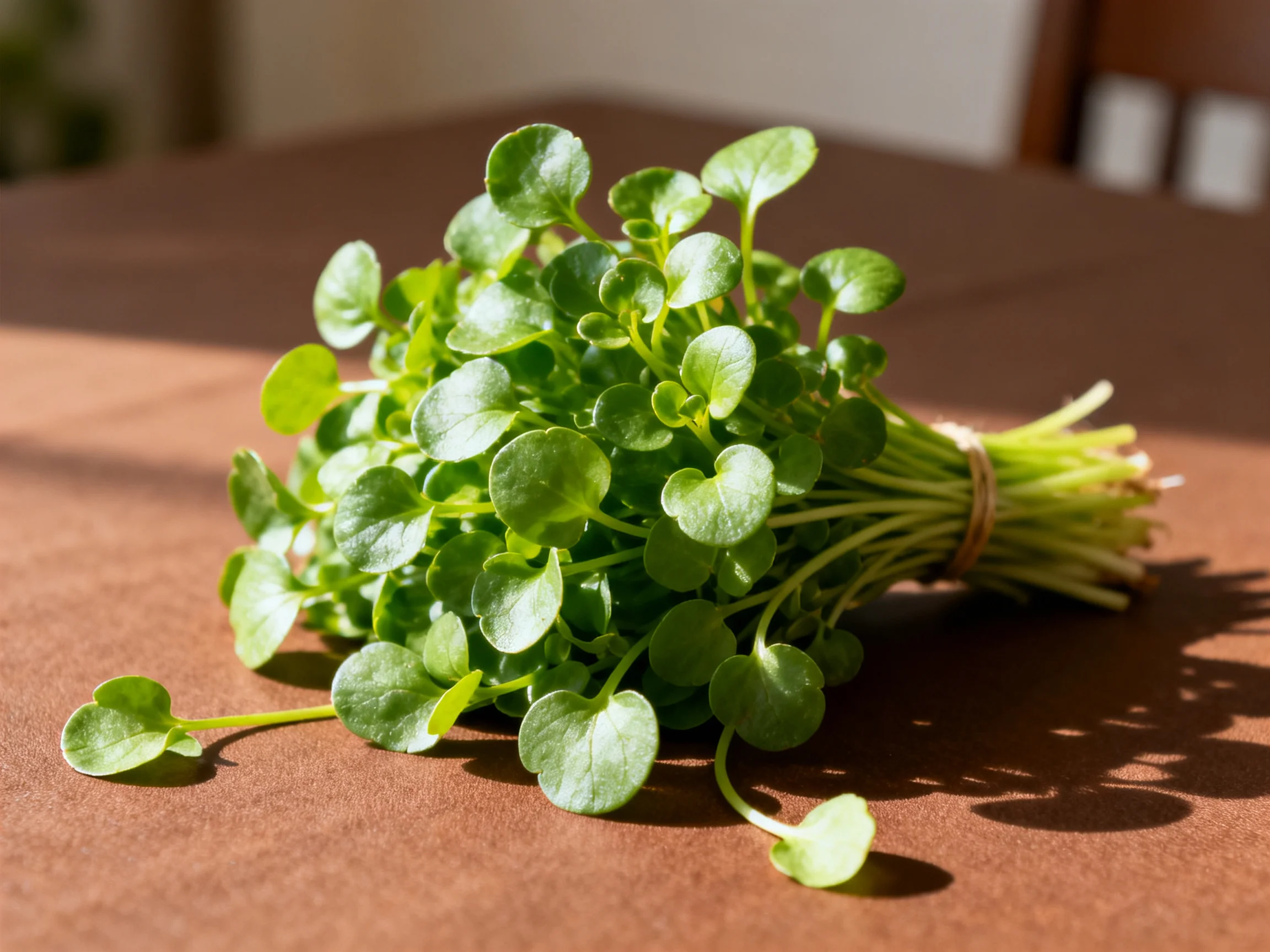 A tied bundle of small round-leaved greens on a brown table