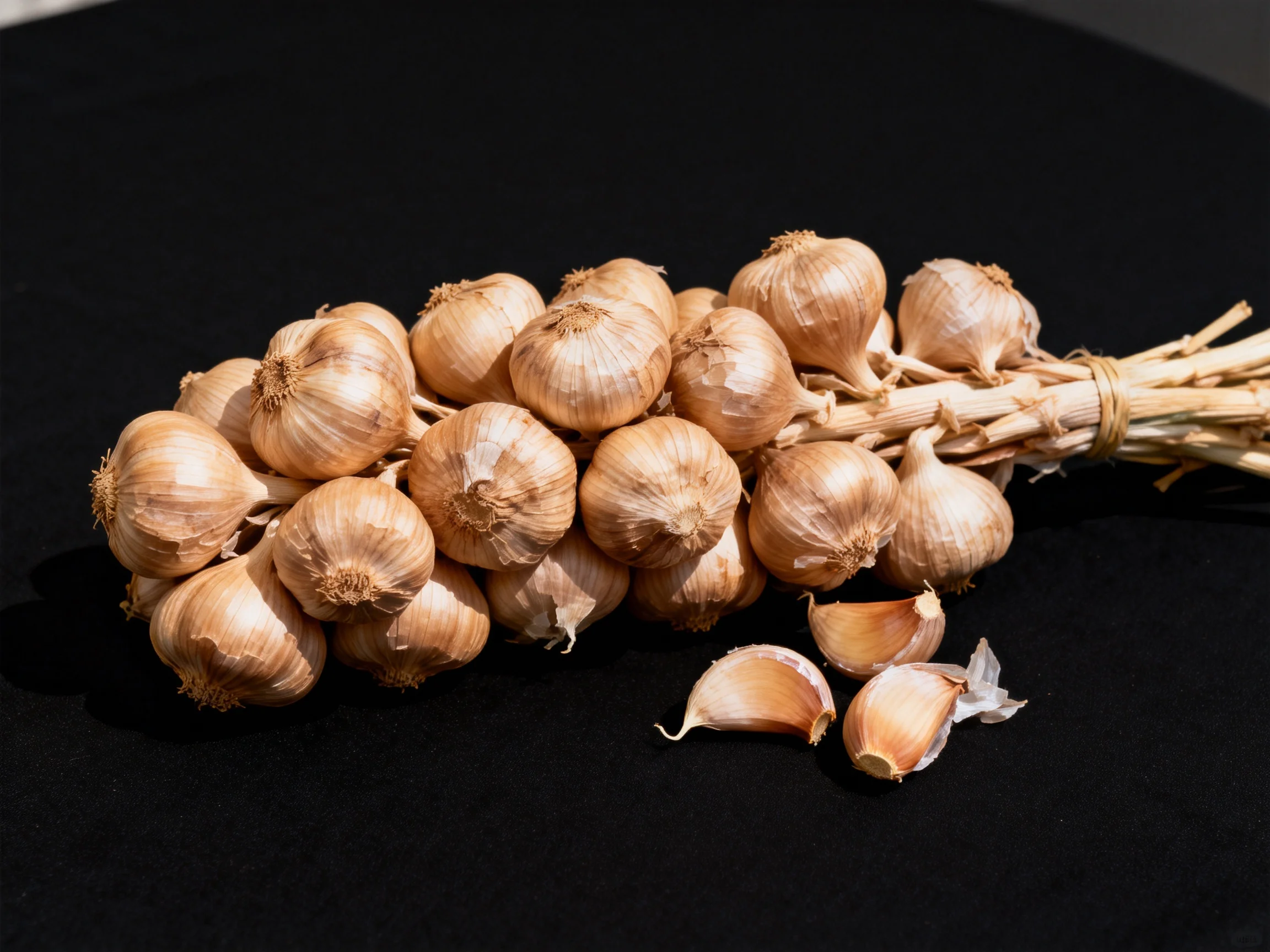 A tied bundleof golden garlic bulbs with loose cloves on a black surface