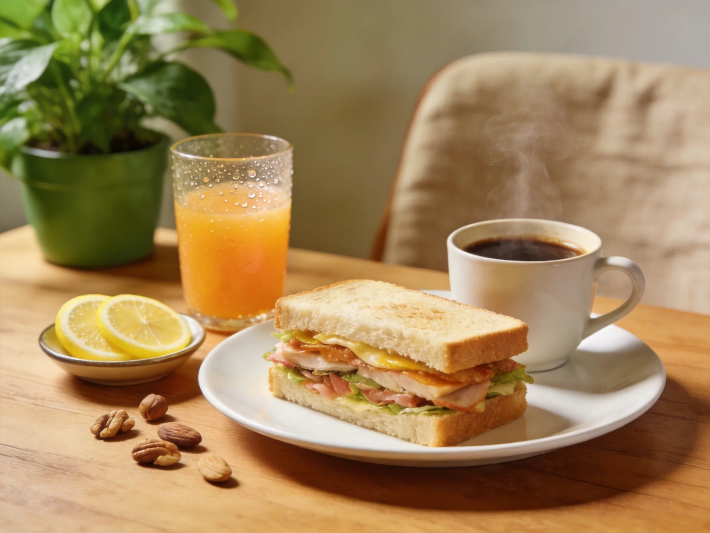 A toasted chicken sandwich with coffee, orange juice, lemons, and nuts on a wooden table