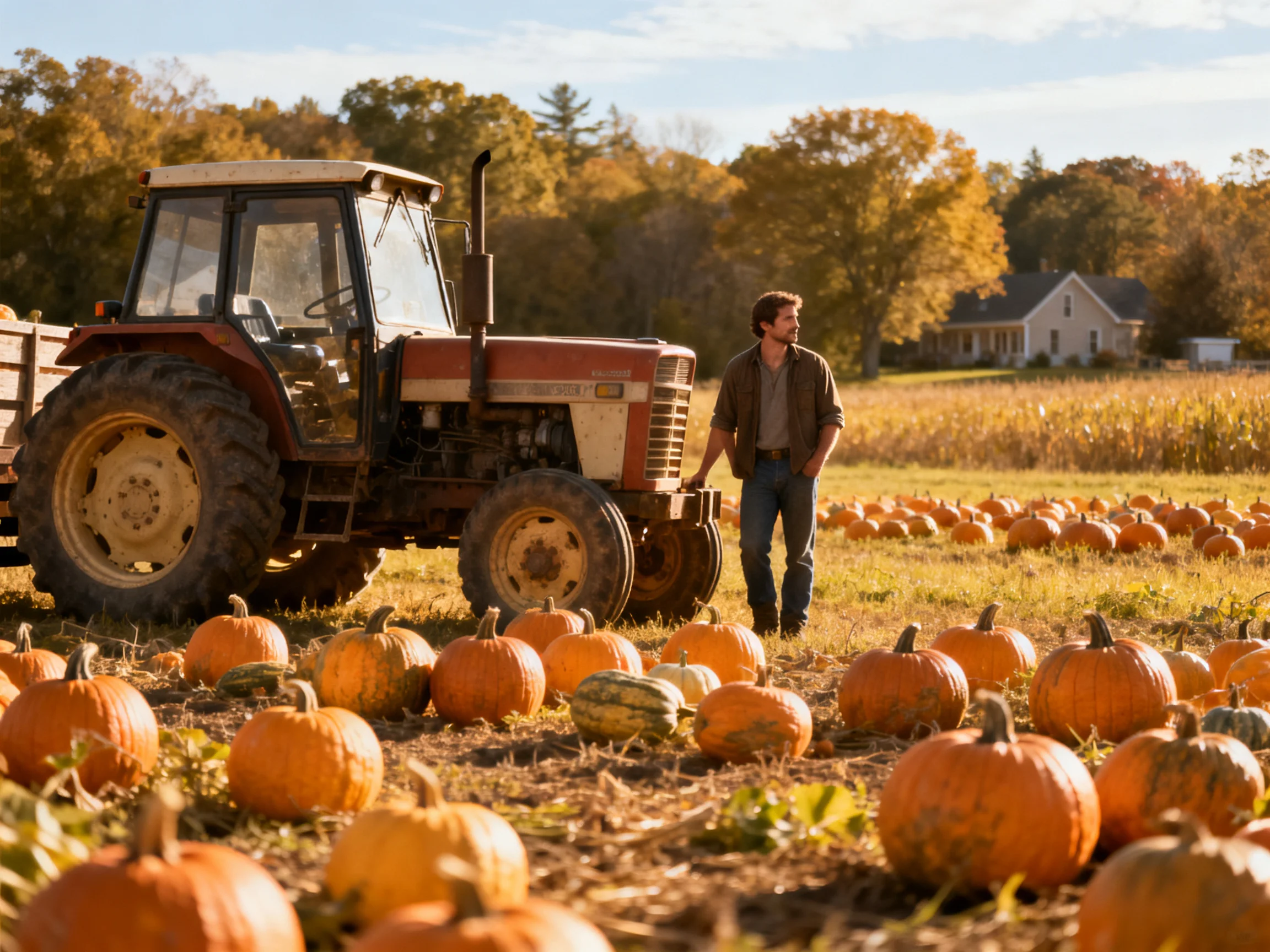 A tractor beside a sprawling pumpkin field under golden autumn trees
