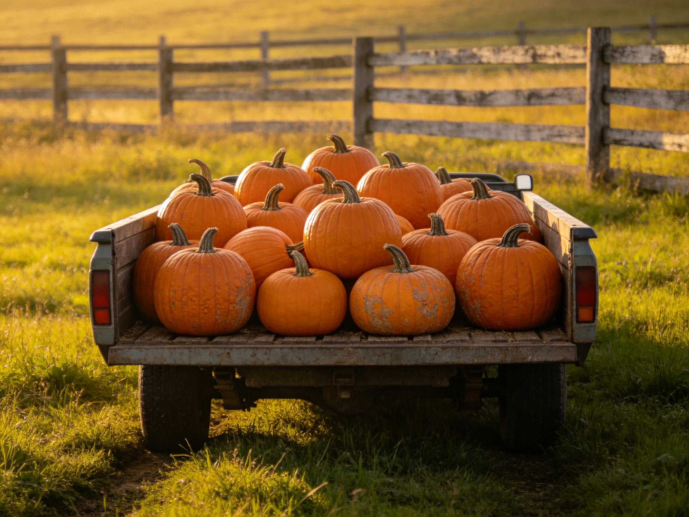 A truck bed piled with numerous vibrant orange pumpkins near a wooden fence