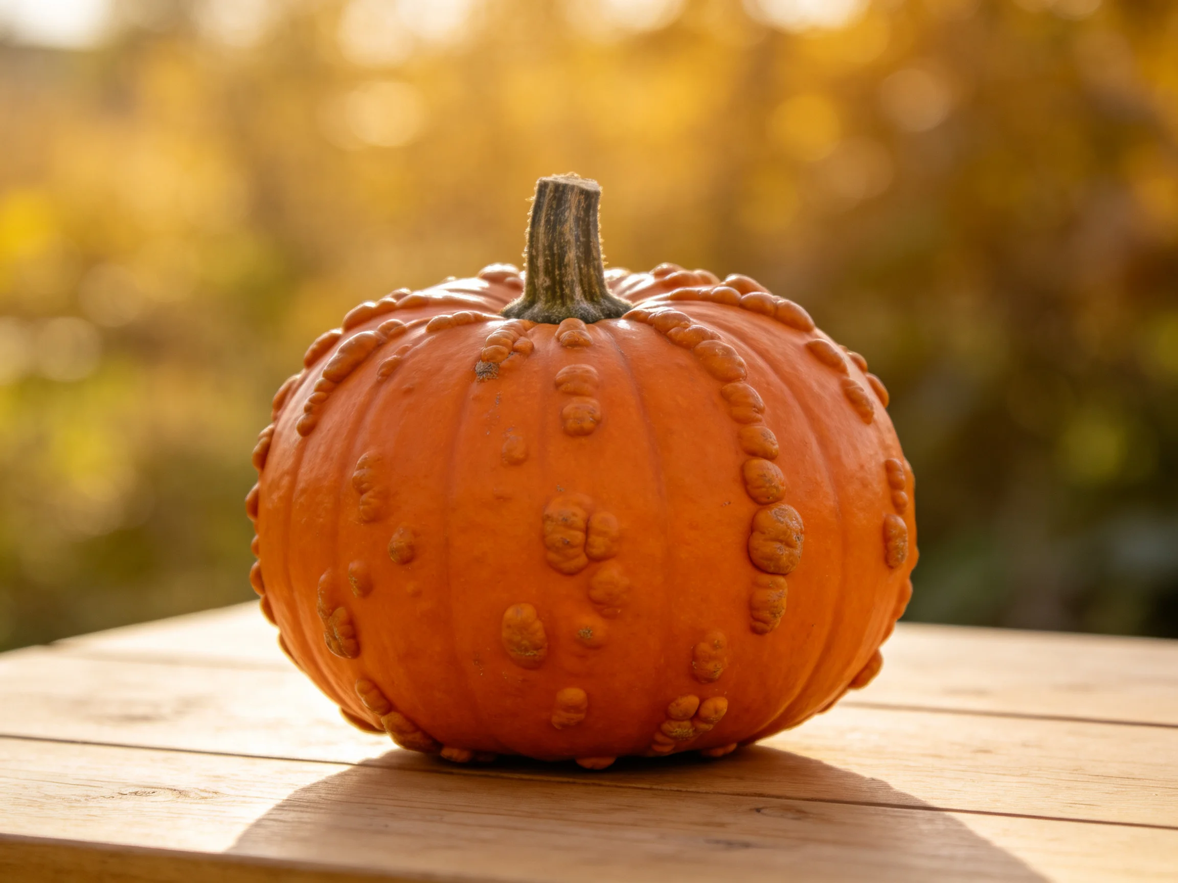 A uniquely textured orange pumpkin on a wooden table