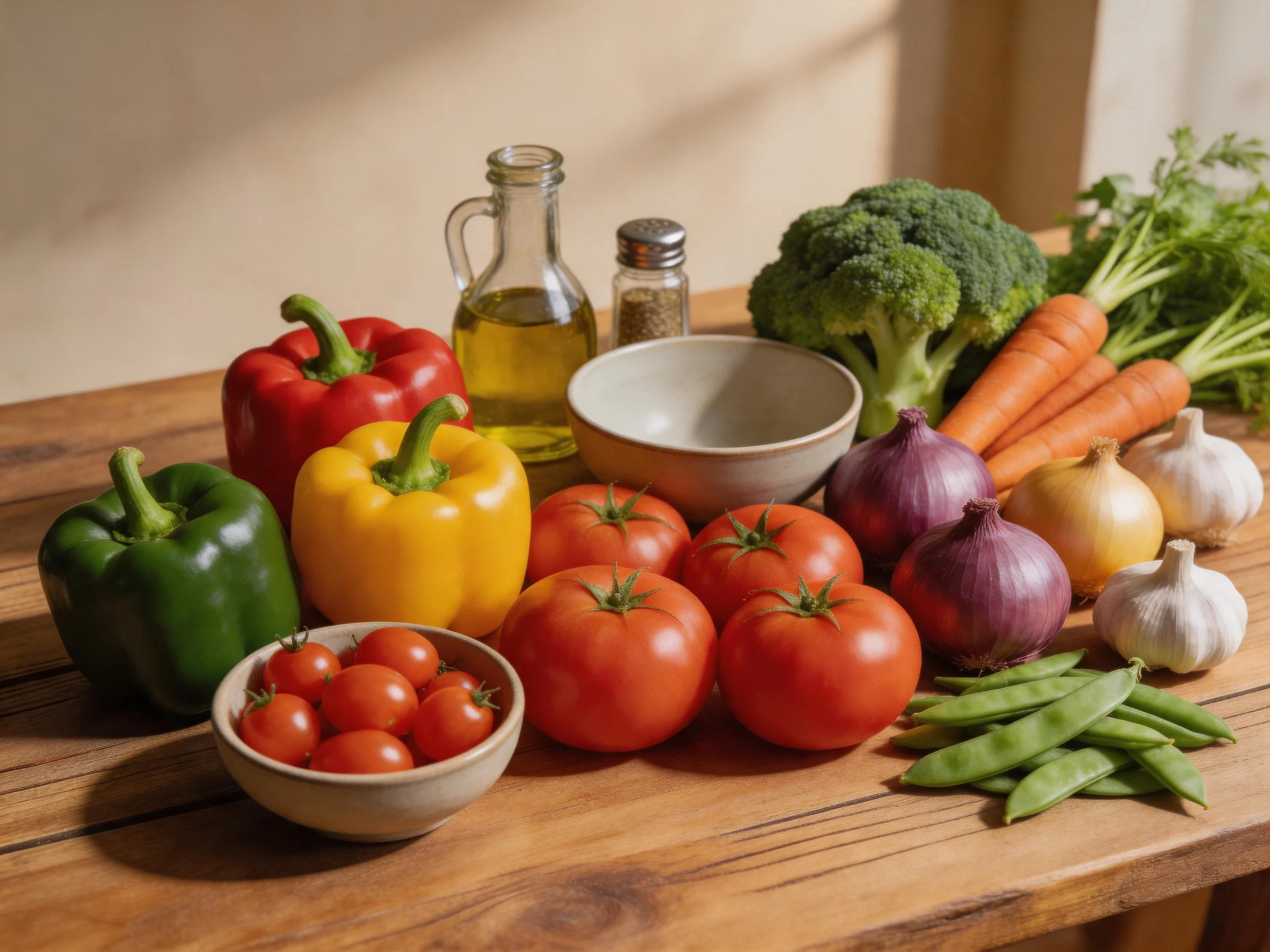 A variety of colorful fresh vegetables arranged on a wooden surface