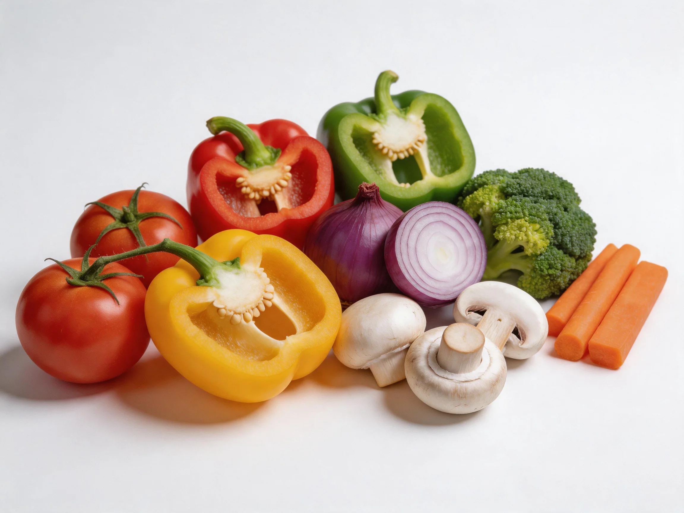A variety of colorful fresh vegetables displayed on a white surface.