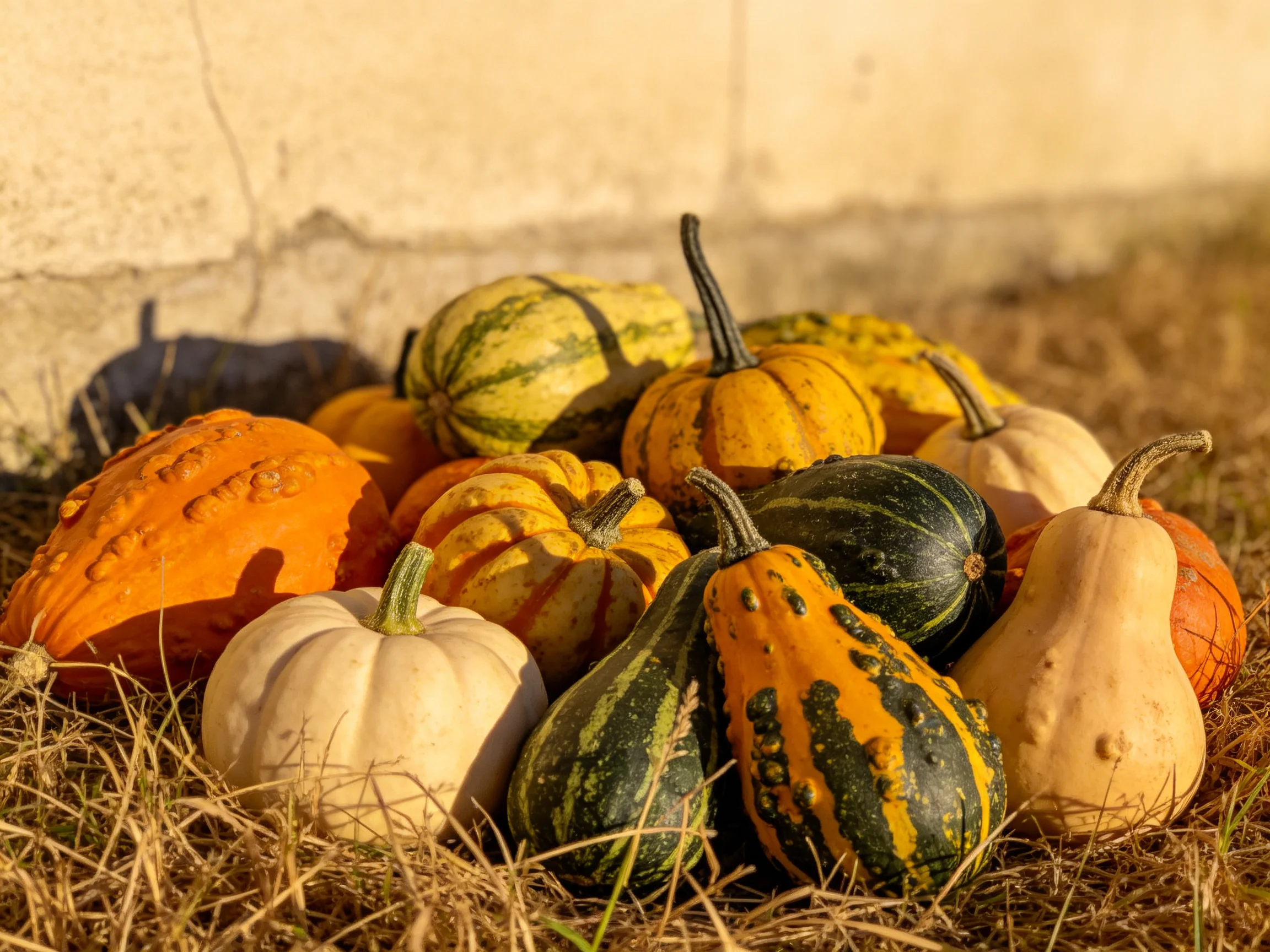 A variety of colorful gourds and squashes arranged on dry grass near a wall