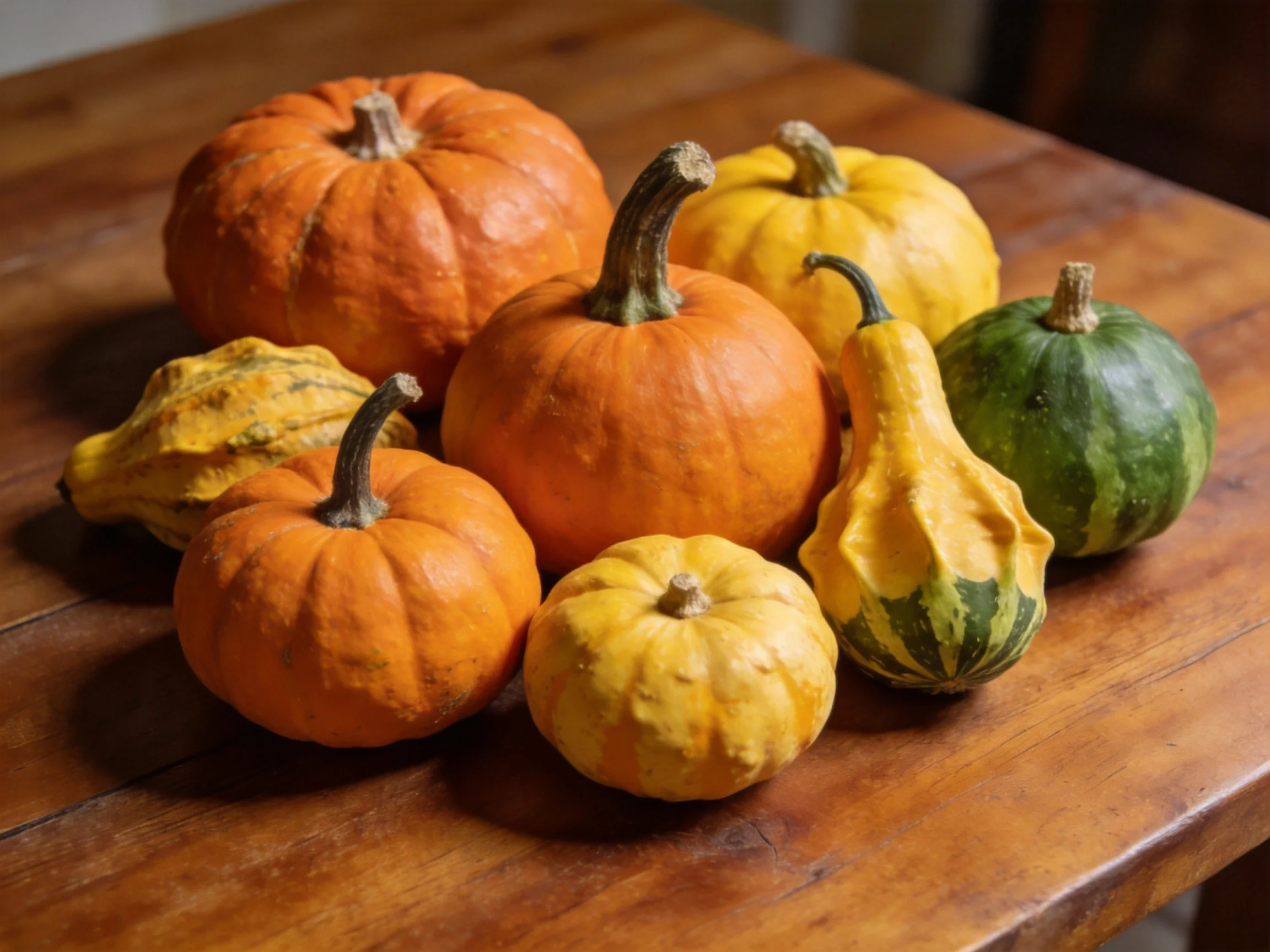 A variety of colorful pumpkins and gourds displayed on a wooden surface