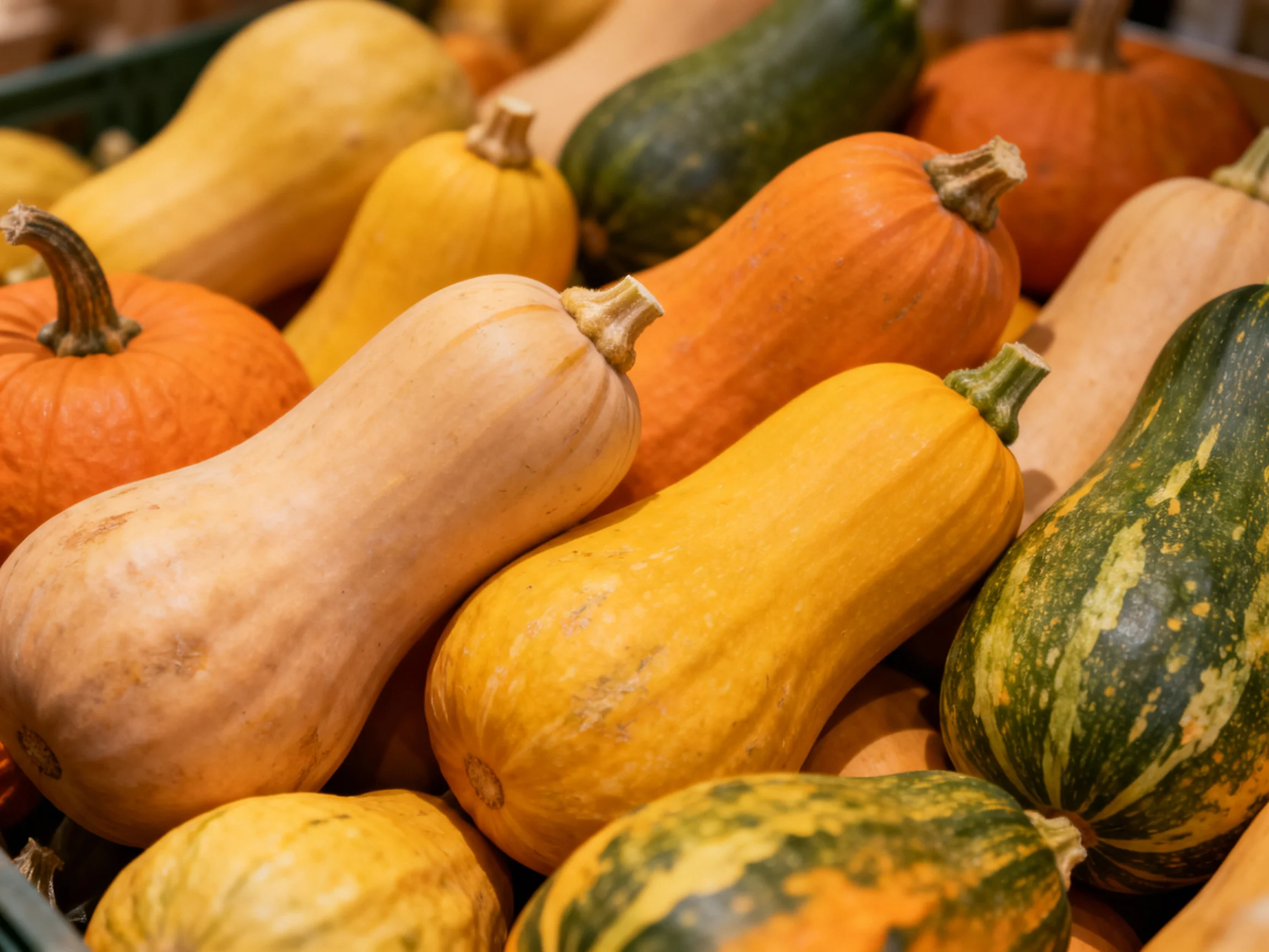 A variety of colorful squashes and pumpkins displayed in a market setting