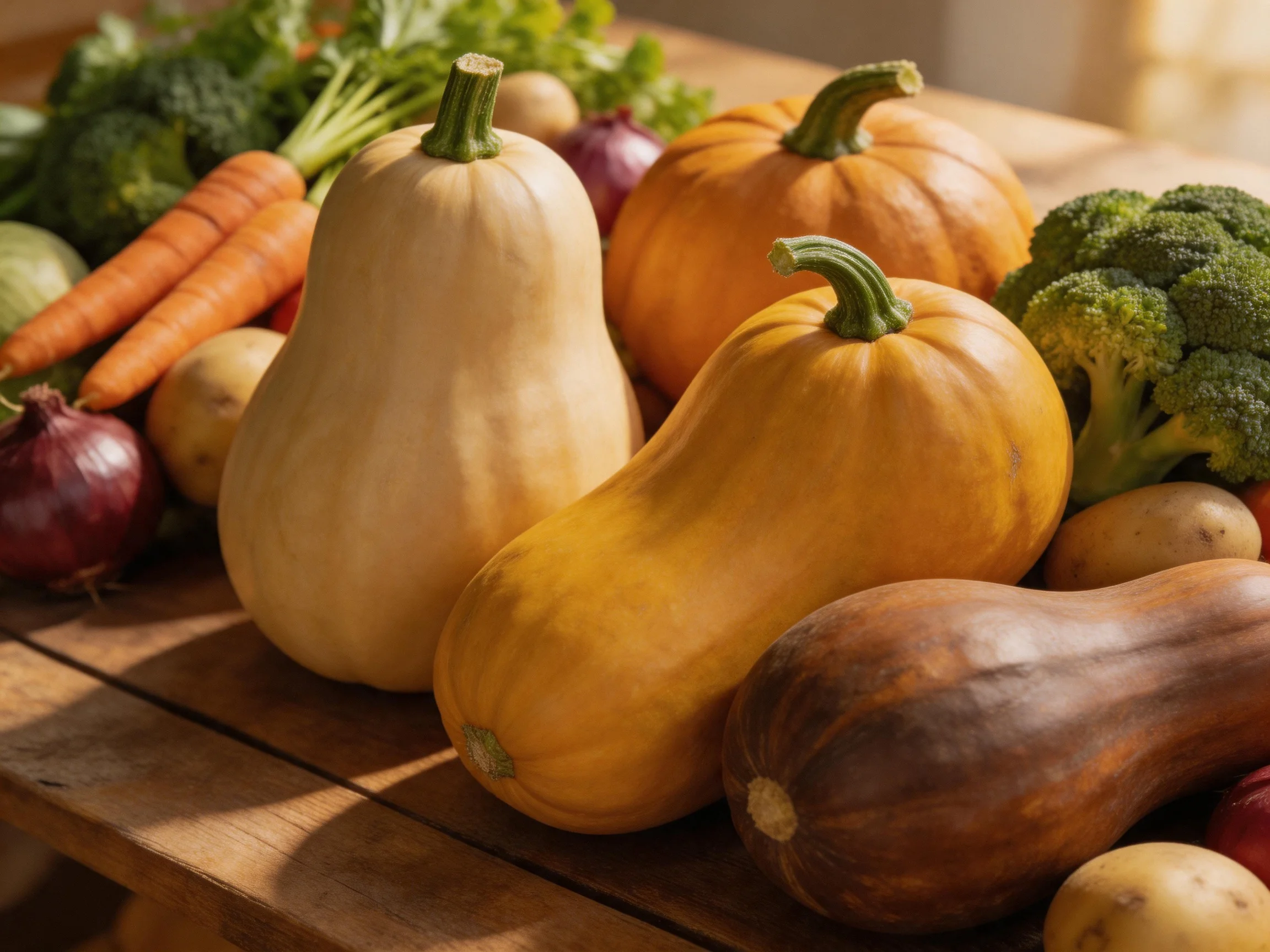 A variety of colorful squashes, pumpkins, carrots, broccoli, and onions arranged on a wooden table