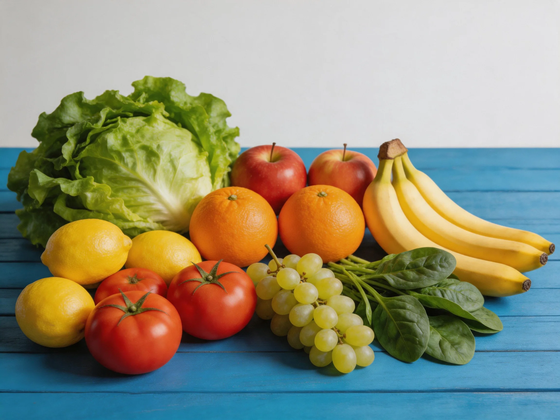 A variety of fresh fruits and vegetables in multiple colors arranged on a blue wooden surface