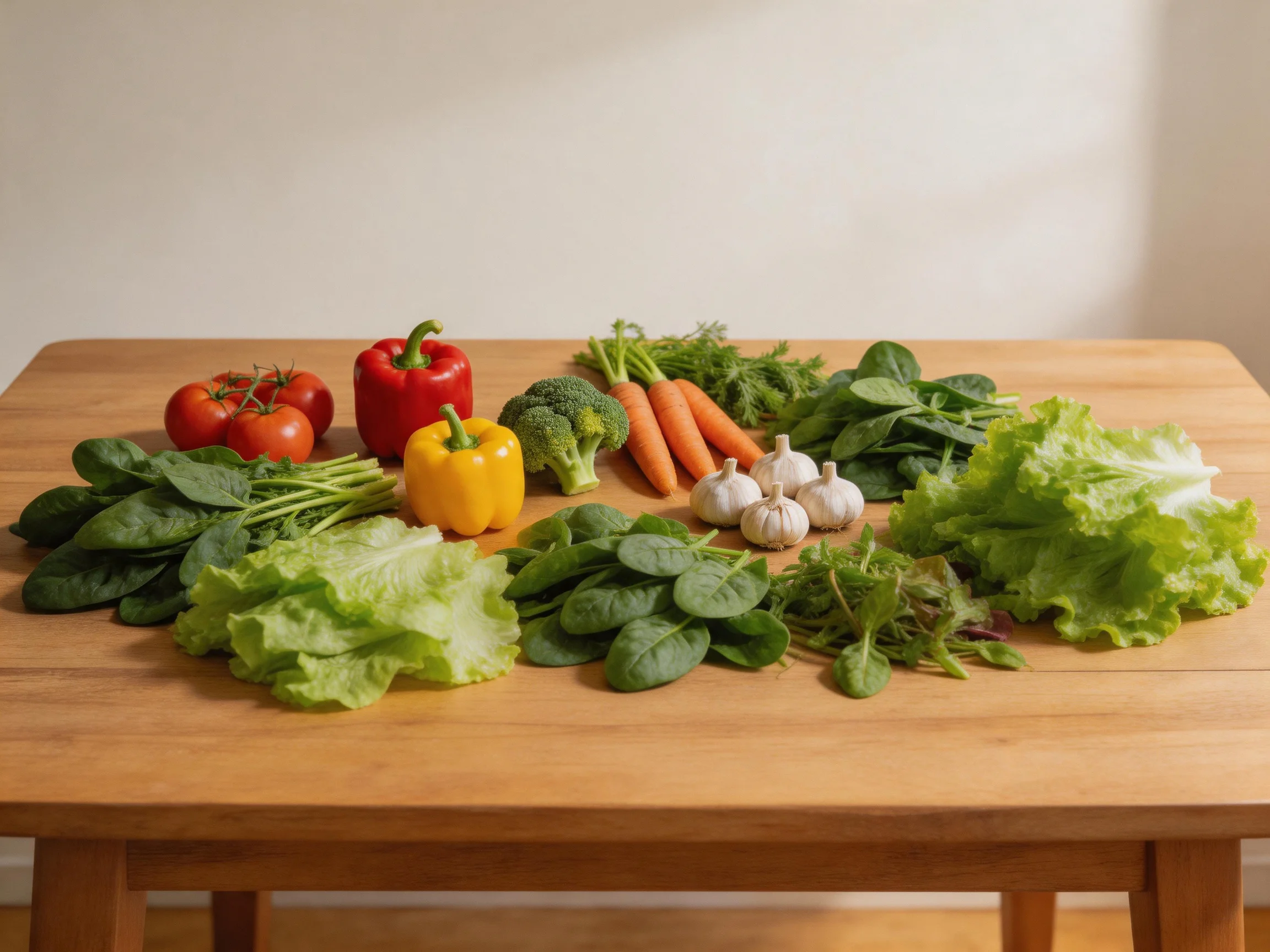 A variety of fresh vegetables neatly arranged on a wooden table featuring tomatoes, peppers, broccoli