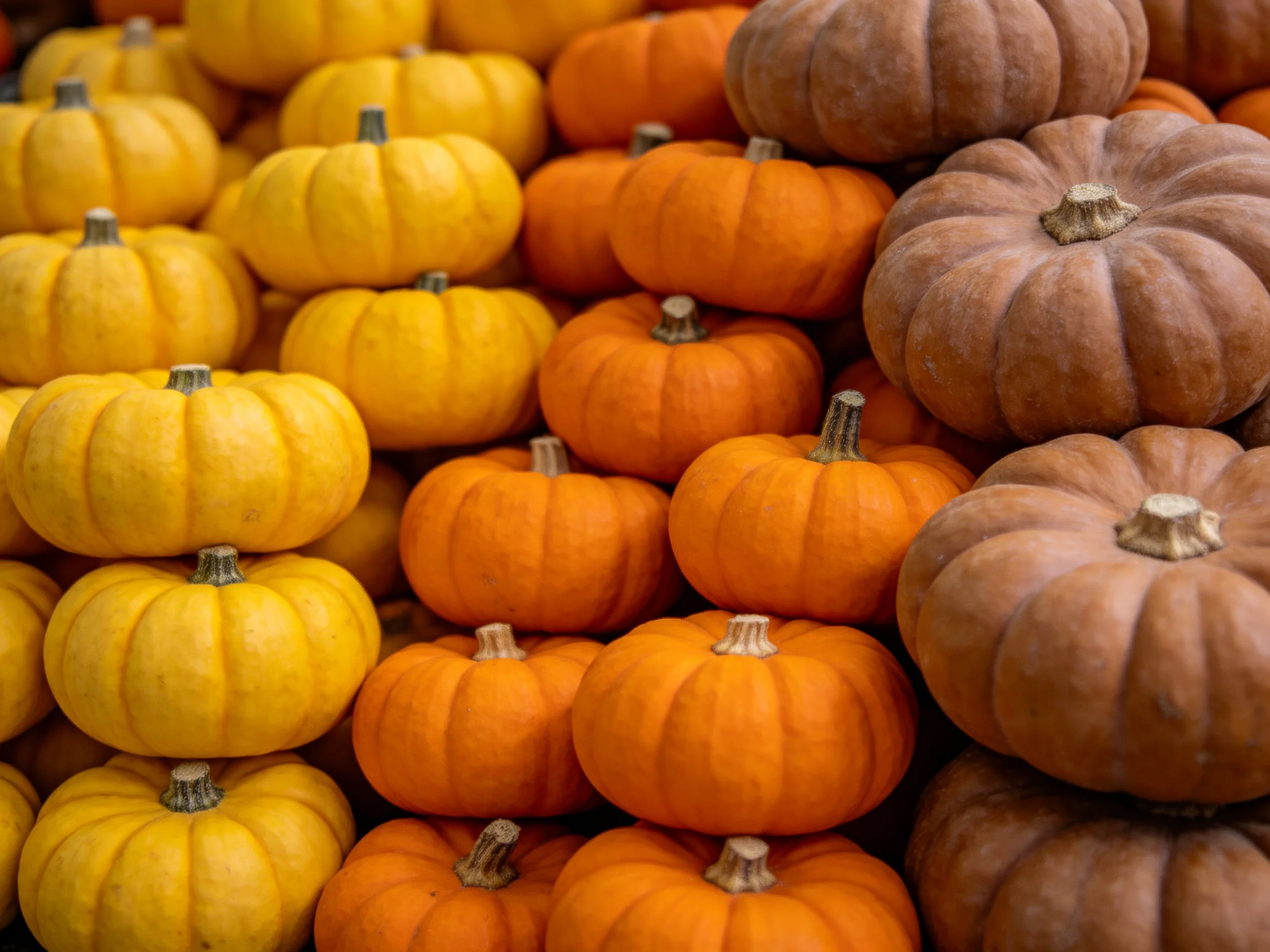 A variety of small pumpkins stacked in yellow, orange, and brown hues