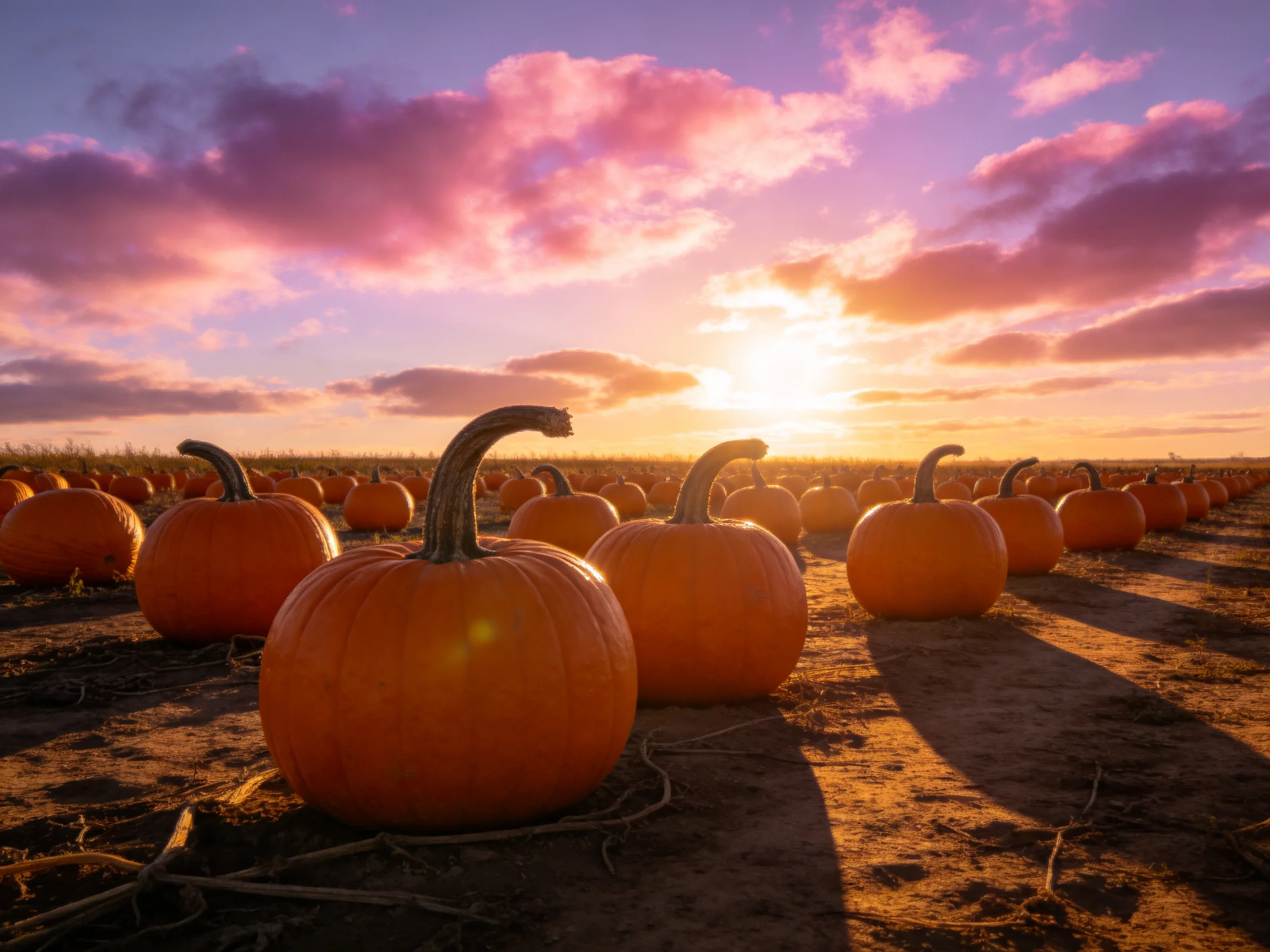 A vast pumpkin field with bright orange pumpkins under a colorful sunset sky
