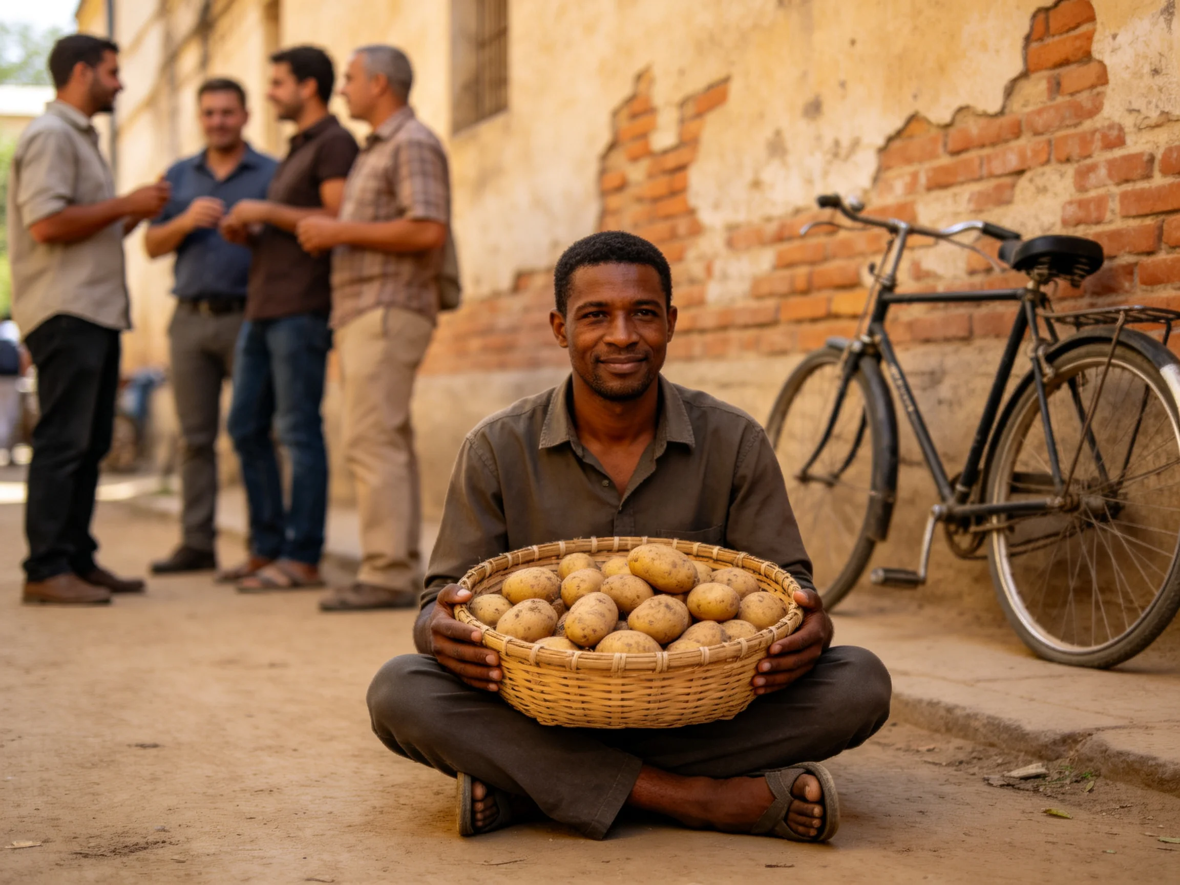 A vendor sits with basket of potatoes near brick wall and bicycle