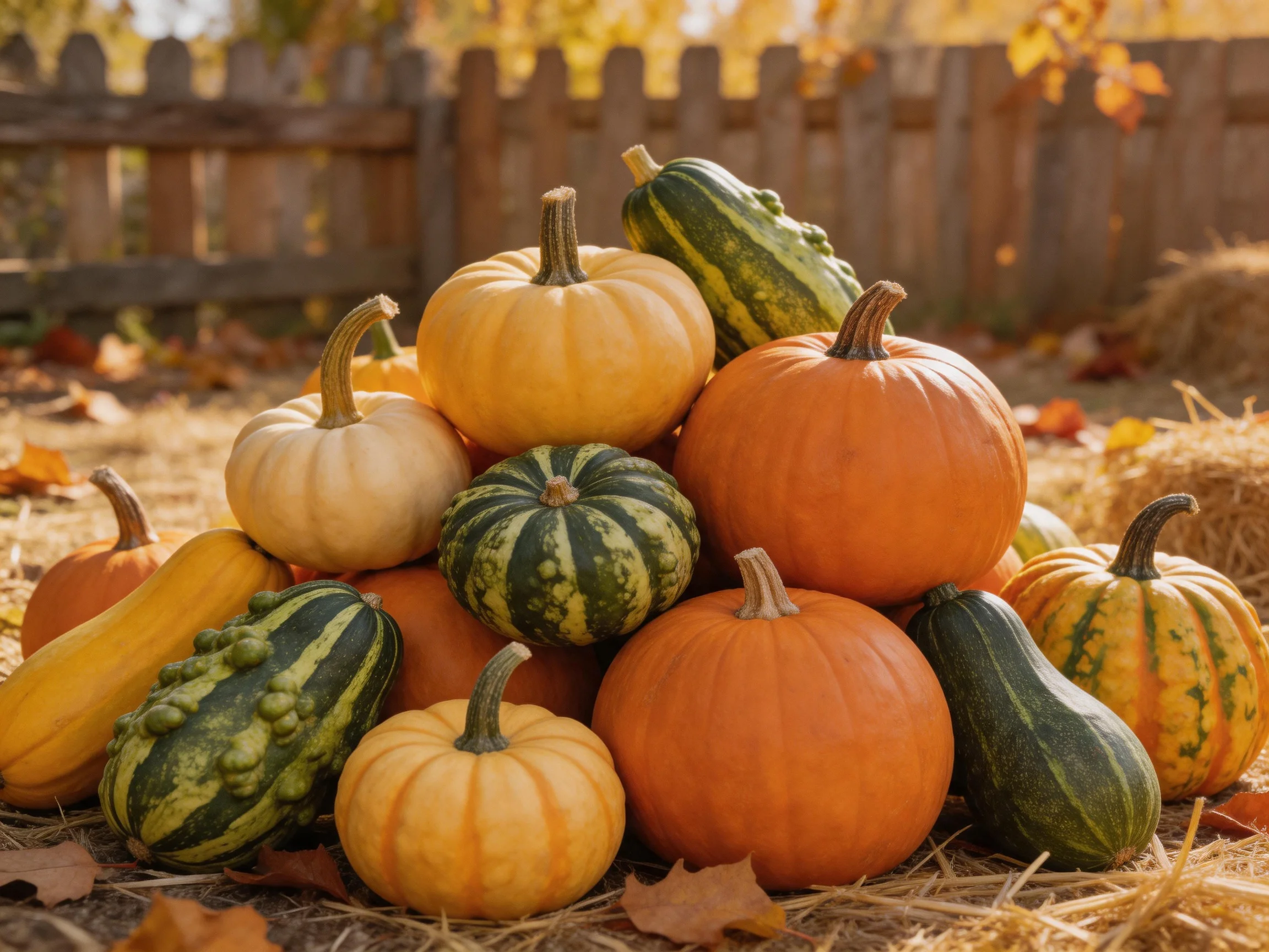 A vibrant assortment of assorted pumpkins and squashes stacked on straw