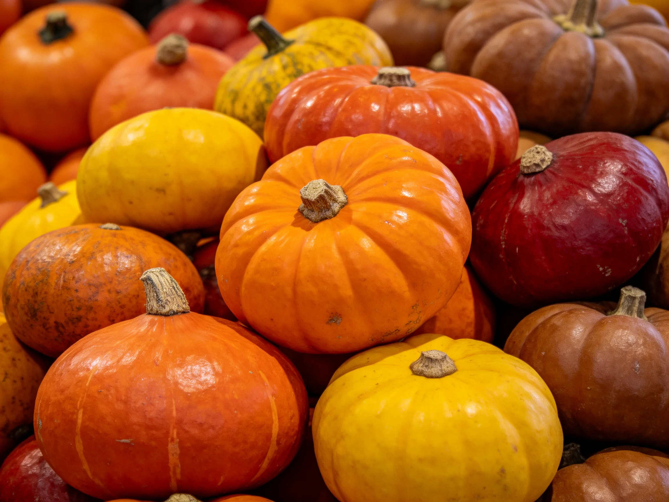 A vibrant assortment of small pumpkins in diverse autumn hues