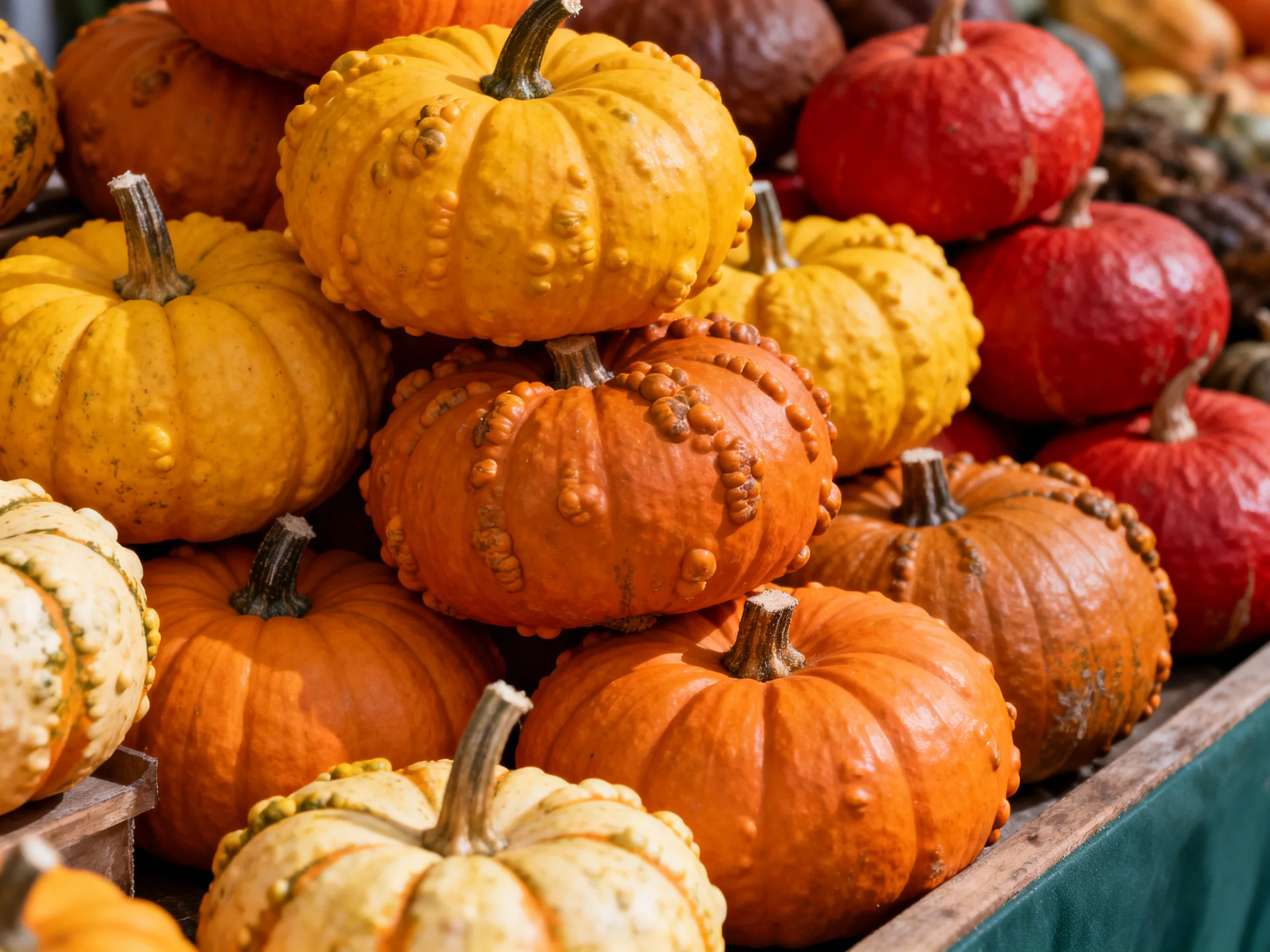 A vibrant assortment of small pumpkins in yellow, orange, and red hues