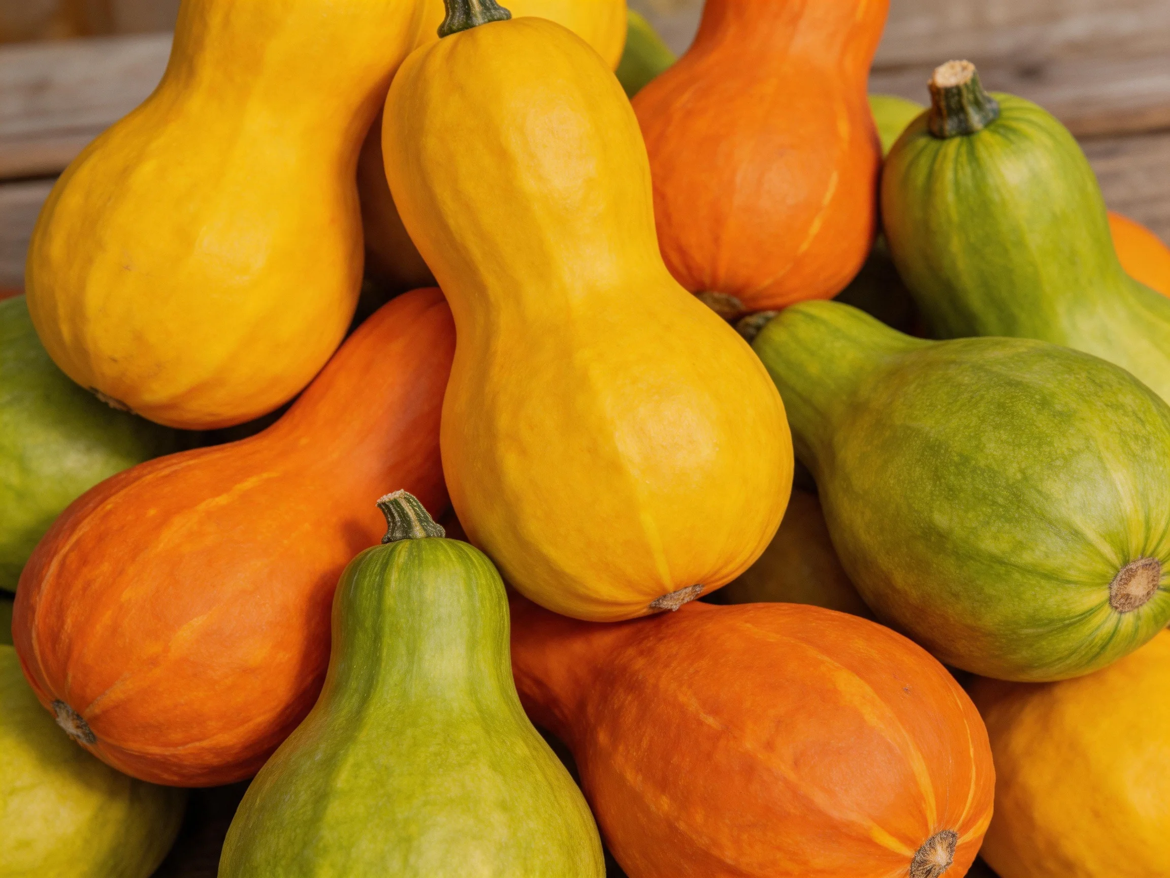A vibrant assortment of winter squashes in yellow, orange, and green shades
