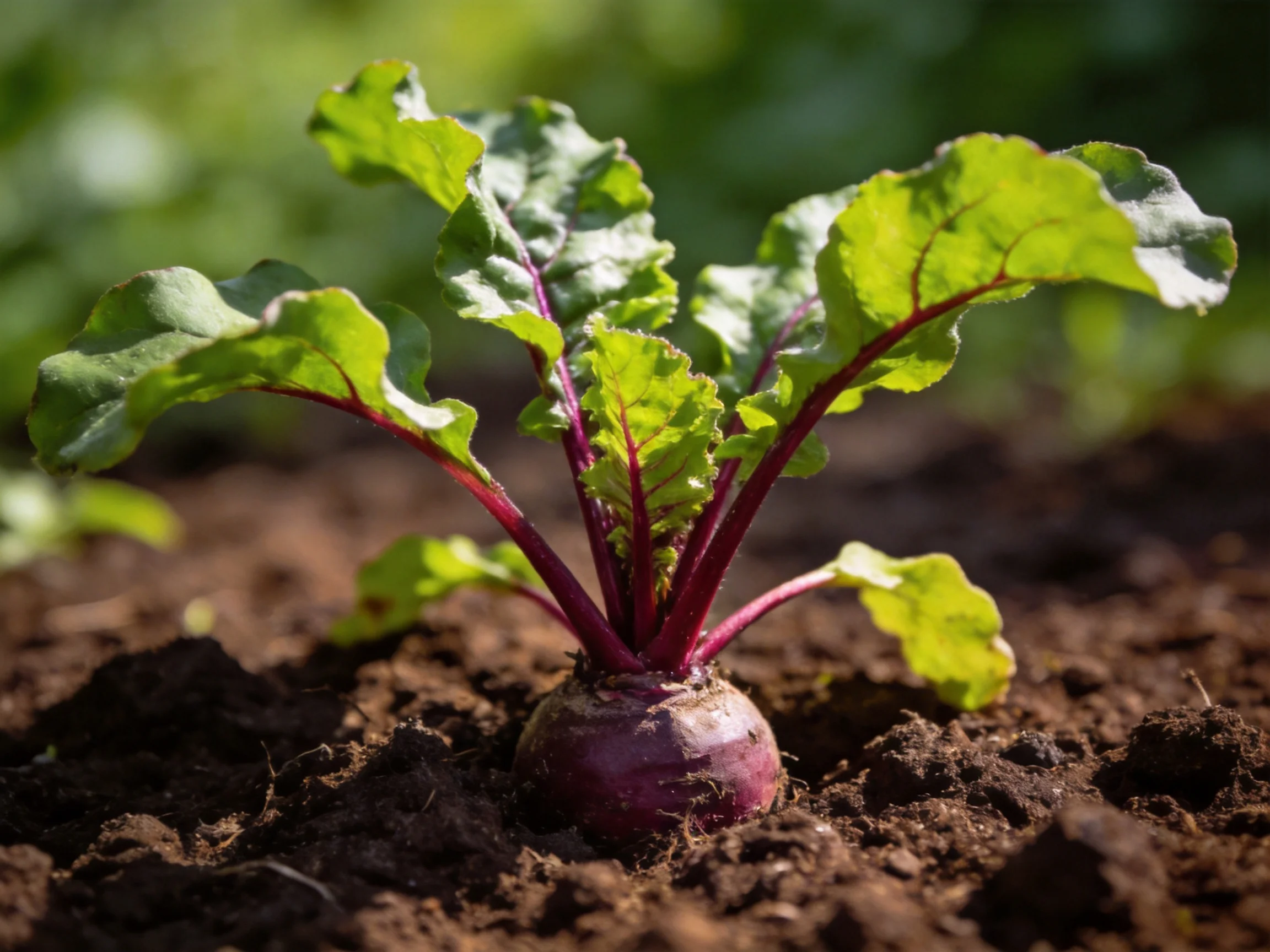 A vibrant beetroot plant with broad green leaves grows in dark soil