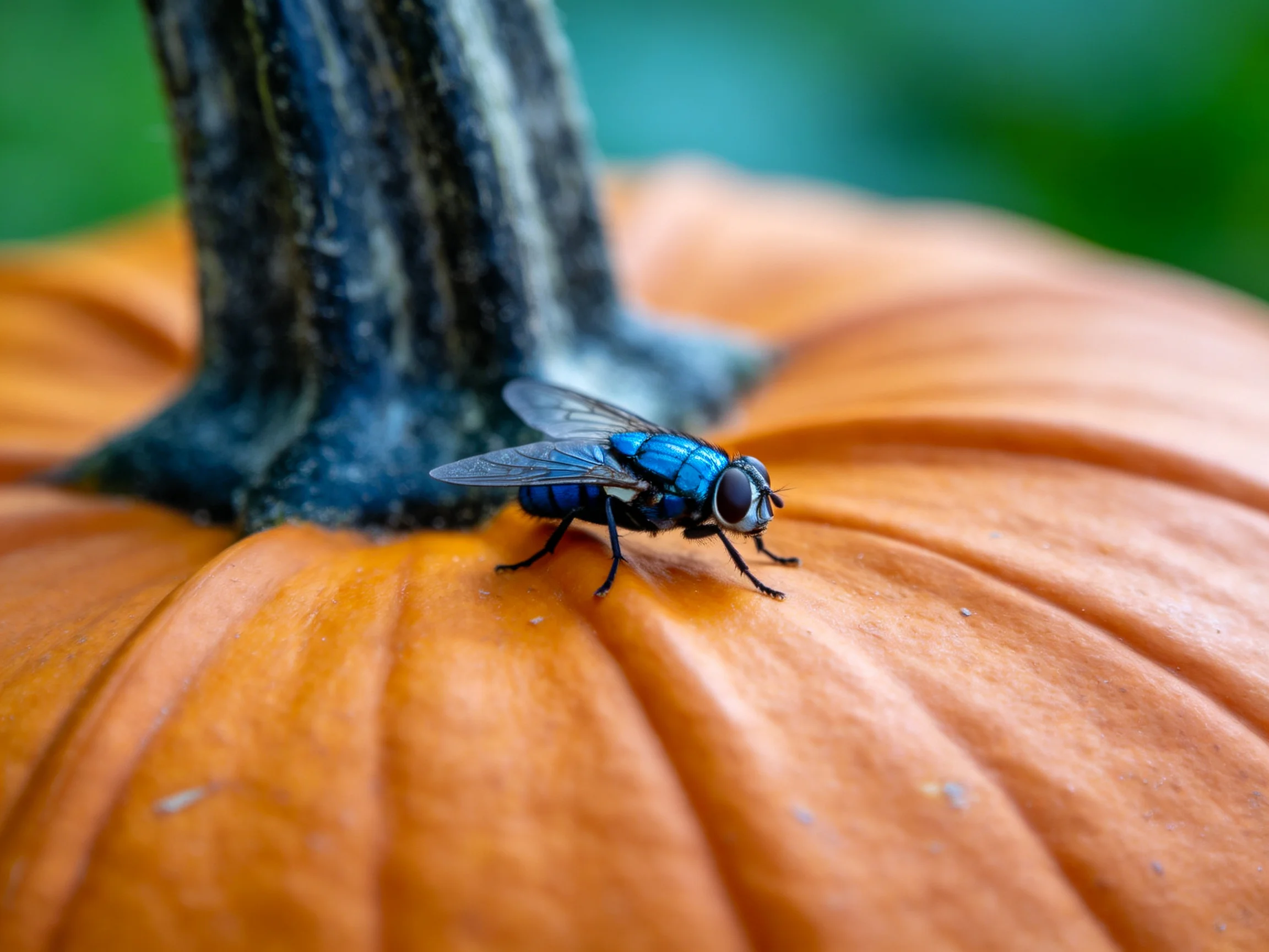A vibrant blue fly rests on an orange pumpkin with a dark stem