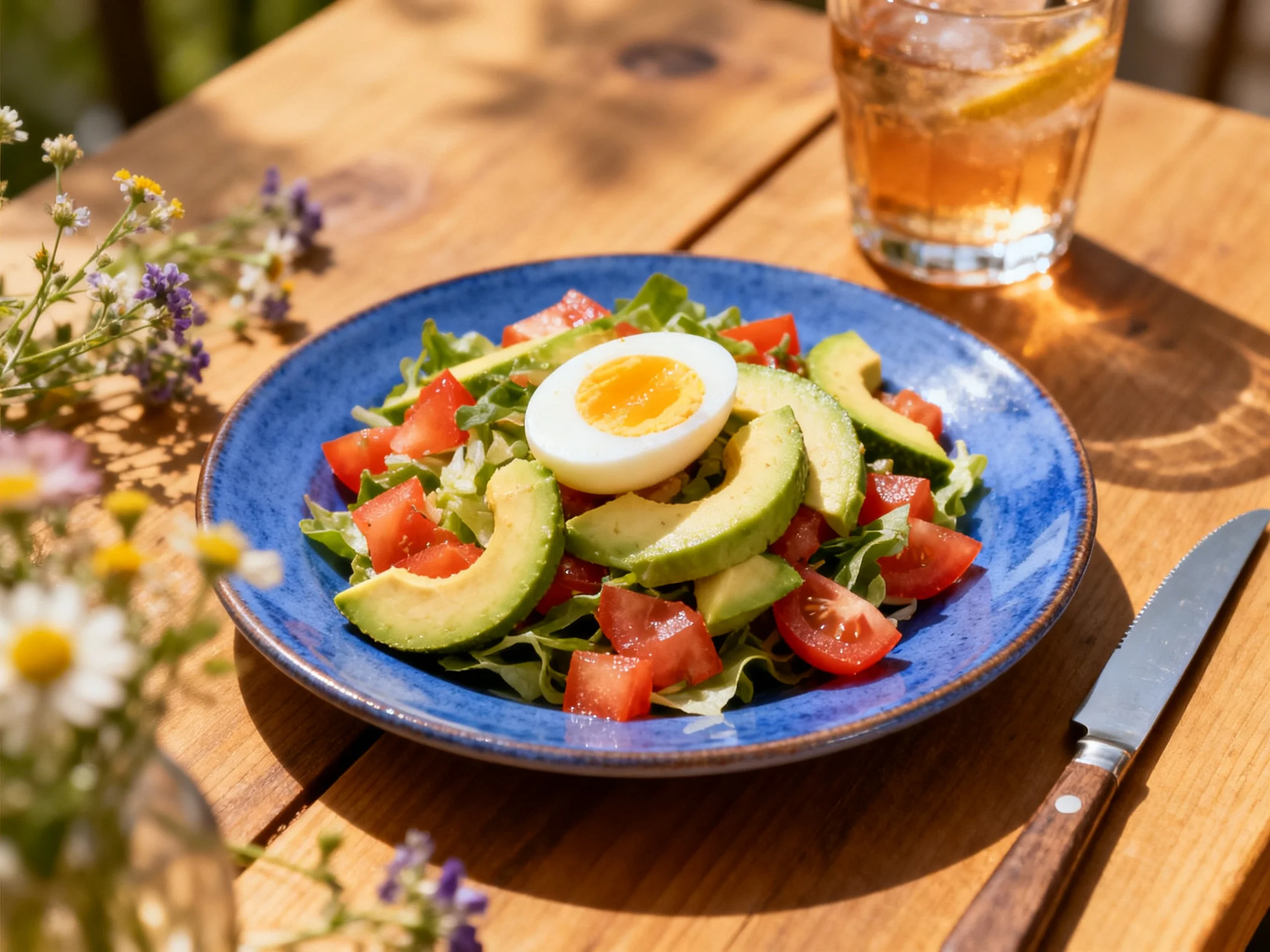 A vibrant blue plate holds fresh salad with avocado, tomatoes, and a hard-boiled egg