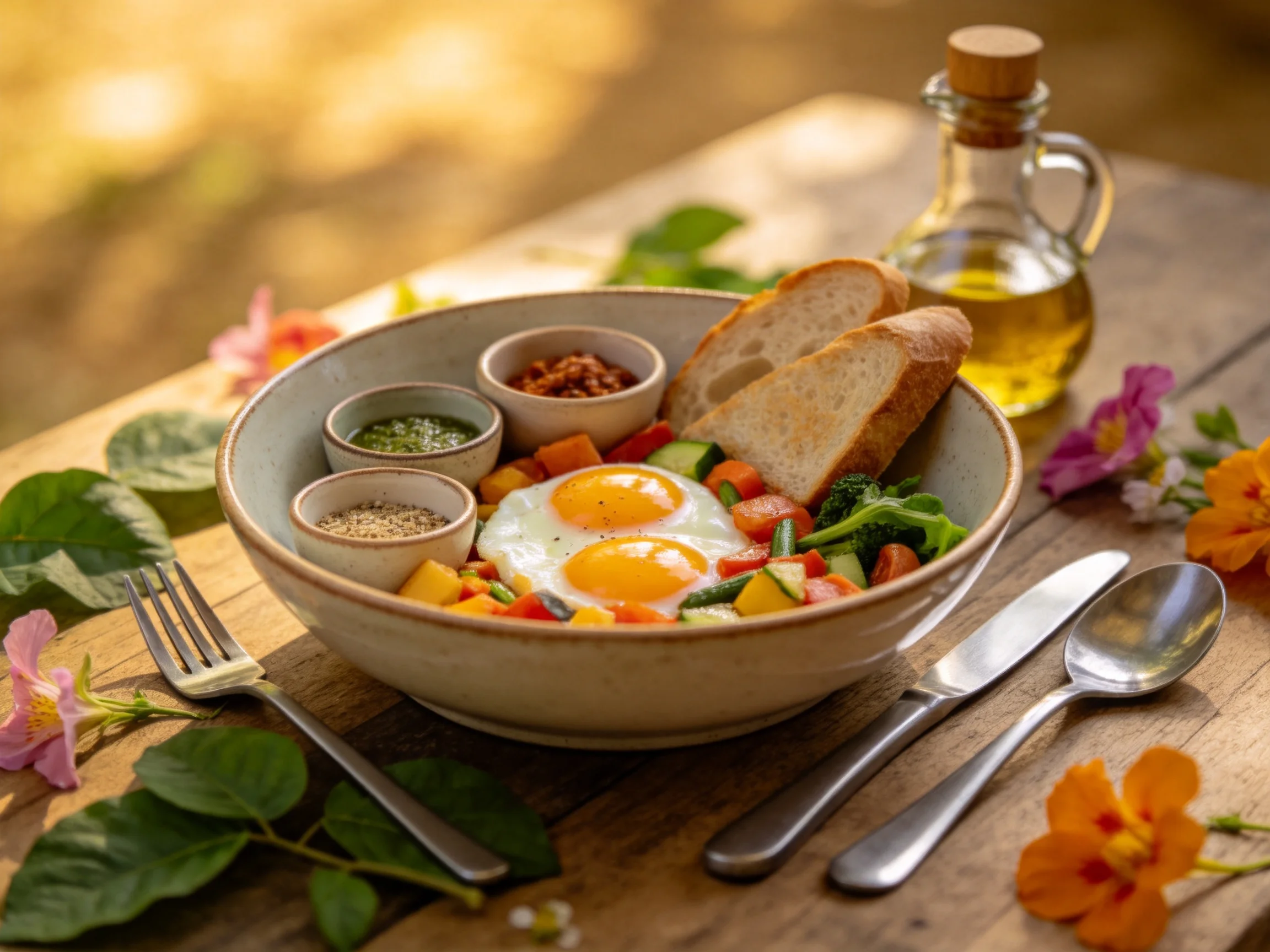 A vibrant breakfast bowl with sunny-side up eggs, colorful veggies, and toasted bread