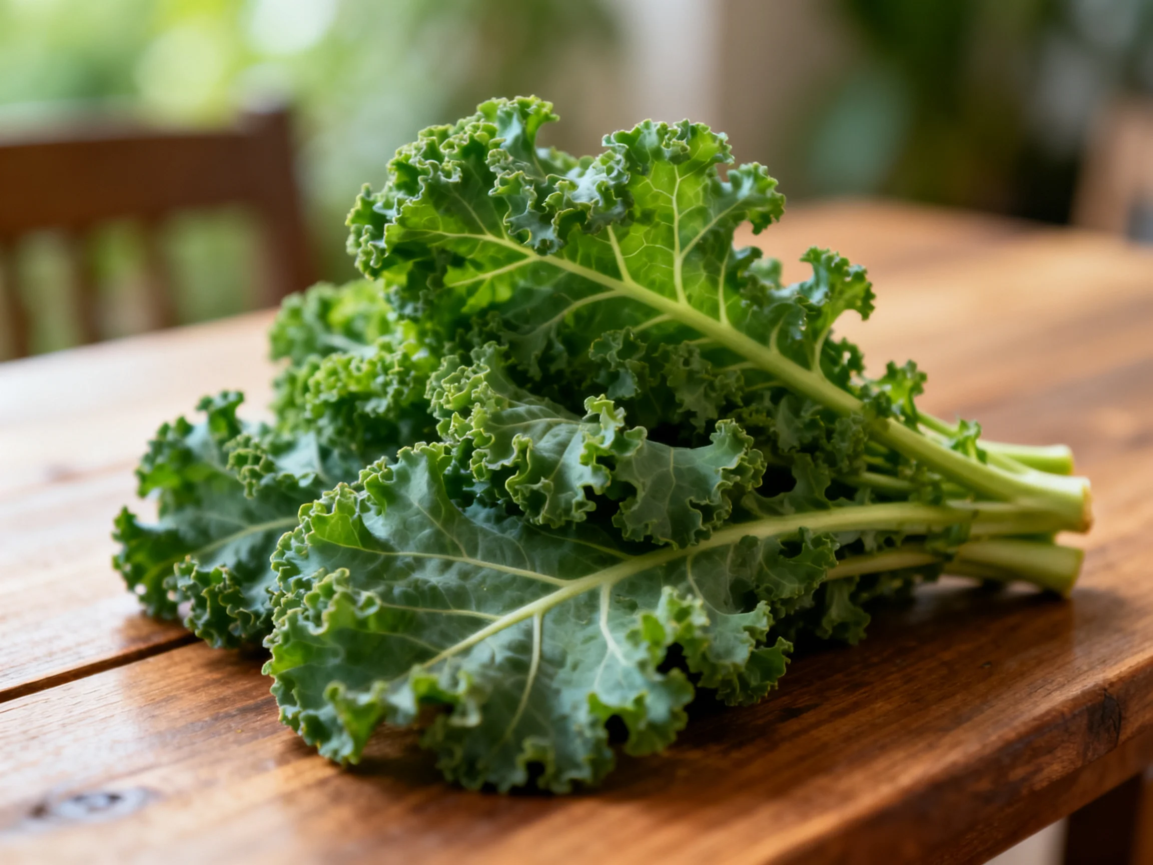 A vibrant bunch of curly green kale rests on a polished wooden table