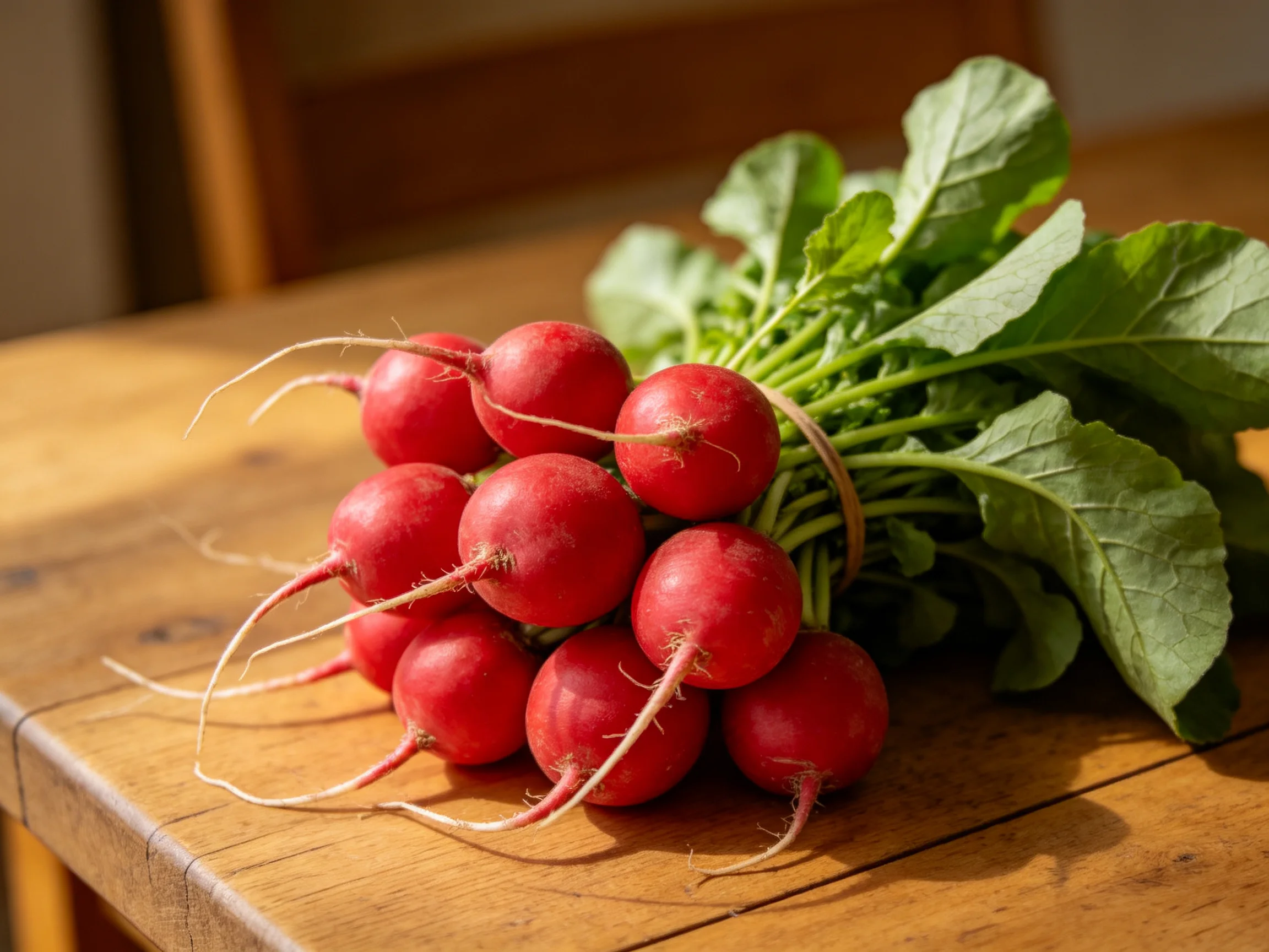 Bright red radishes clustered with green foliage sit on a wooden table.