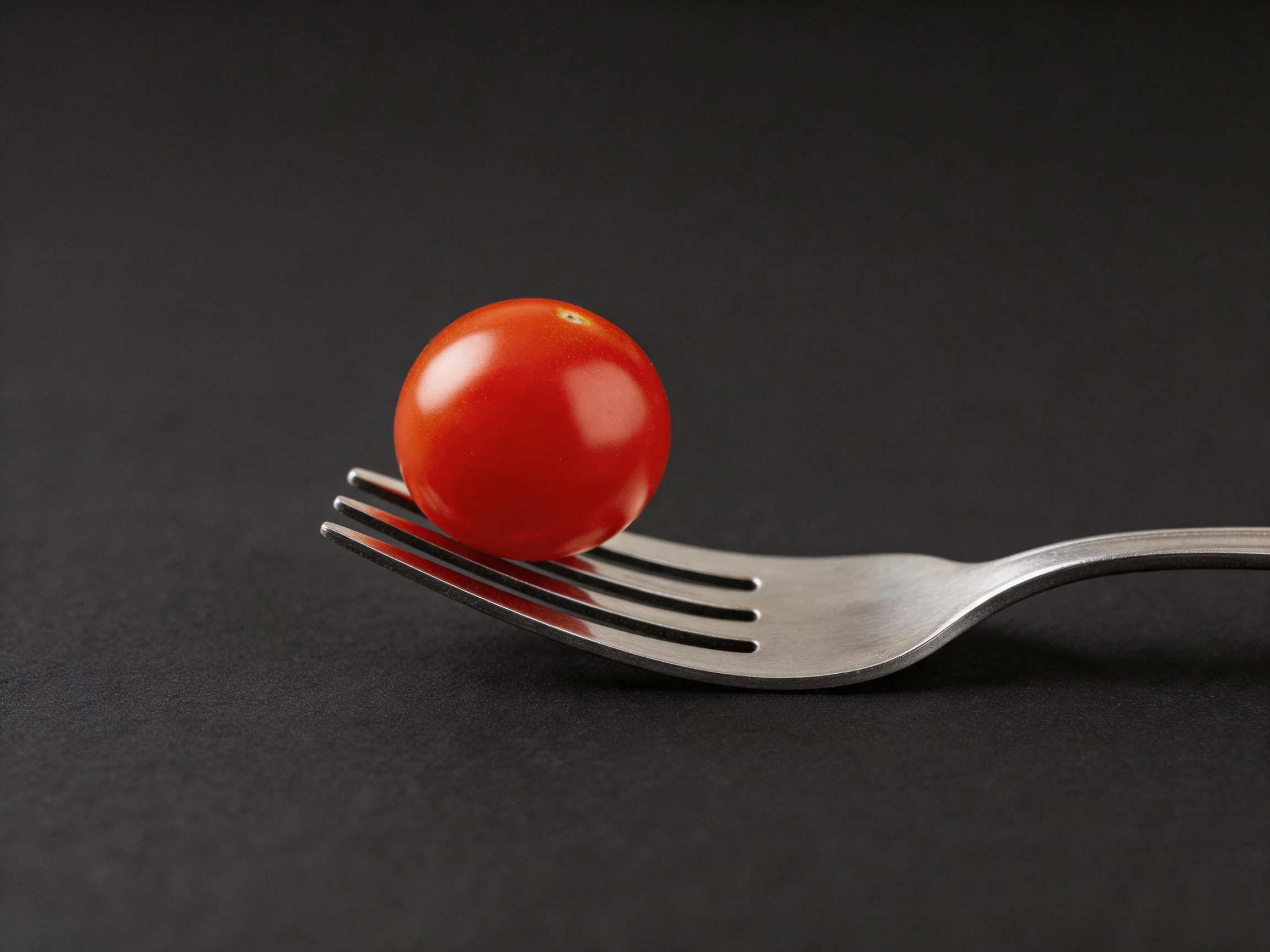 A vibrant cherry tomato balanced on a silver fork against a dark backdrop