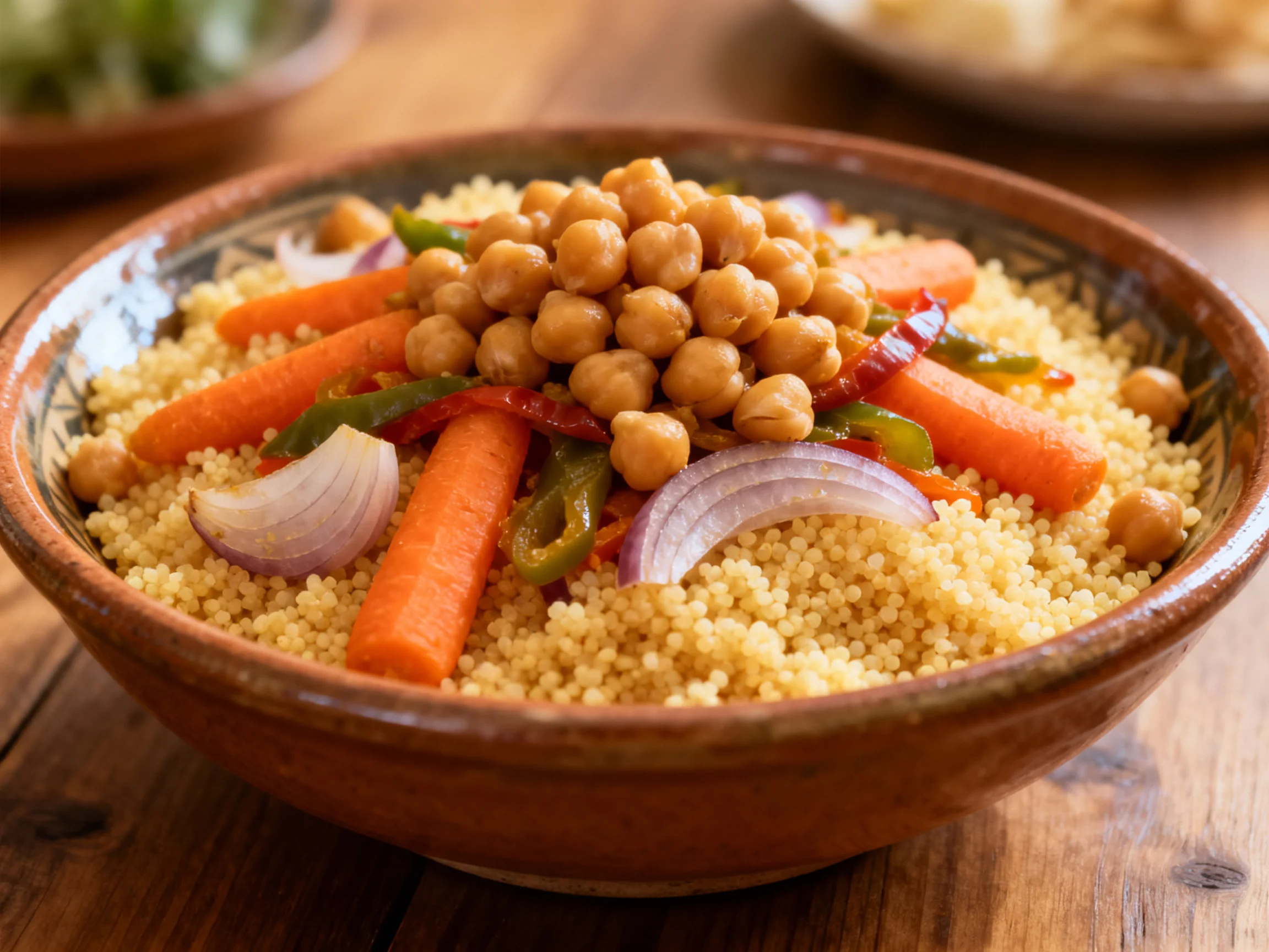 A vibrant chickpea vegetable couscous dish in earthenware bowl