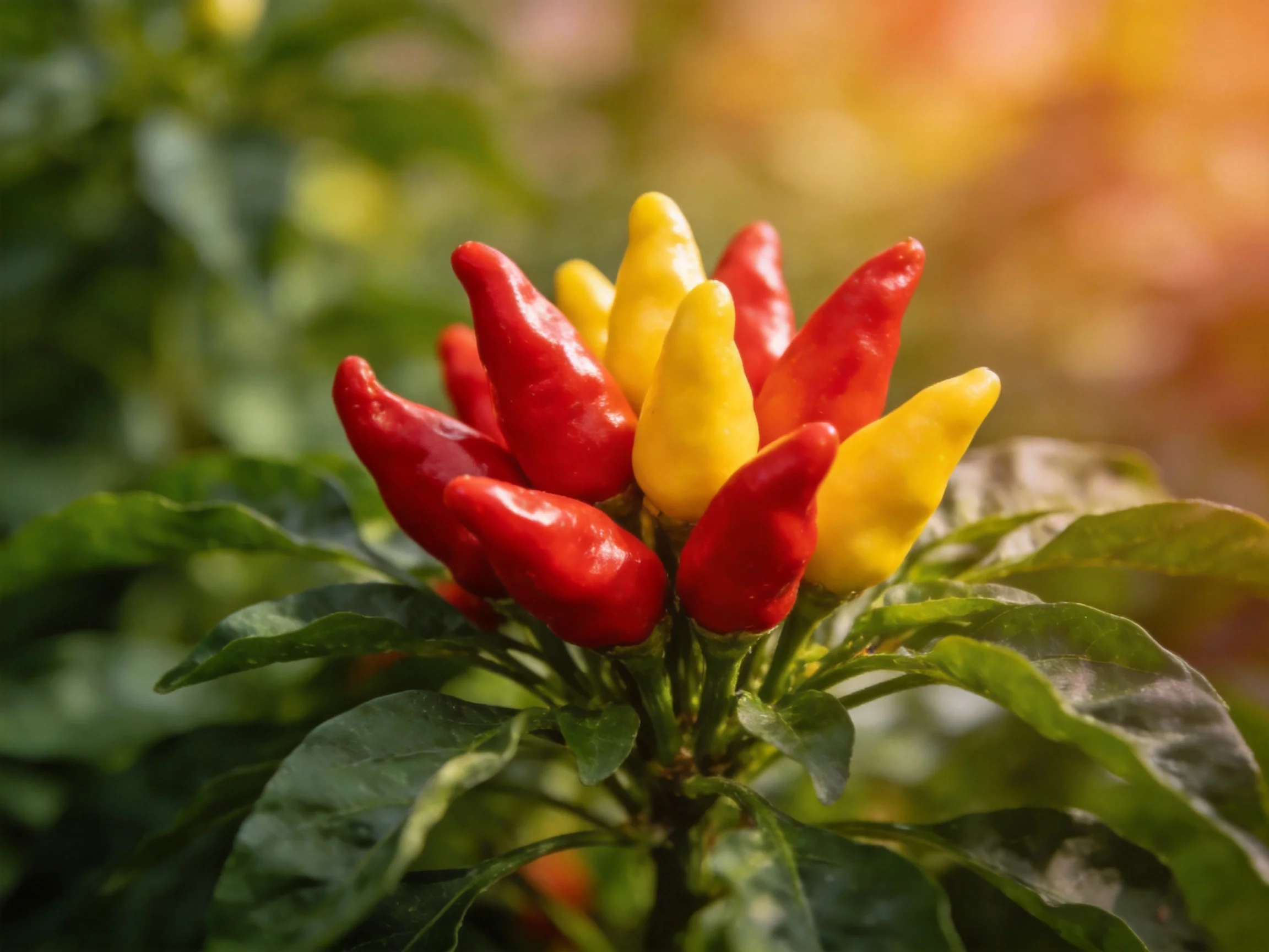 A vibrant cluster of red and yellow chili peppers amidst lush green leaves