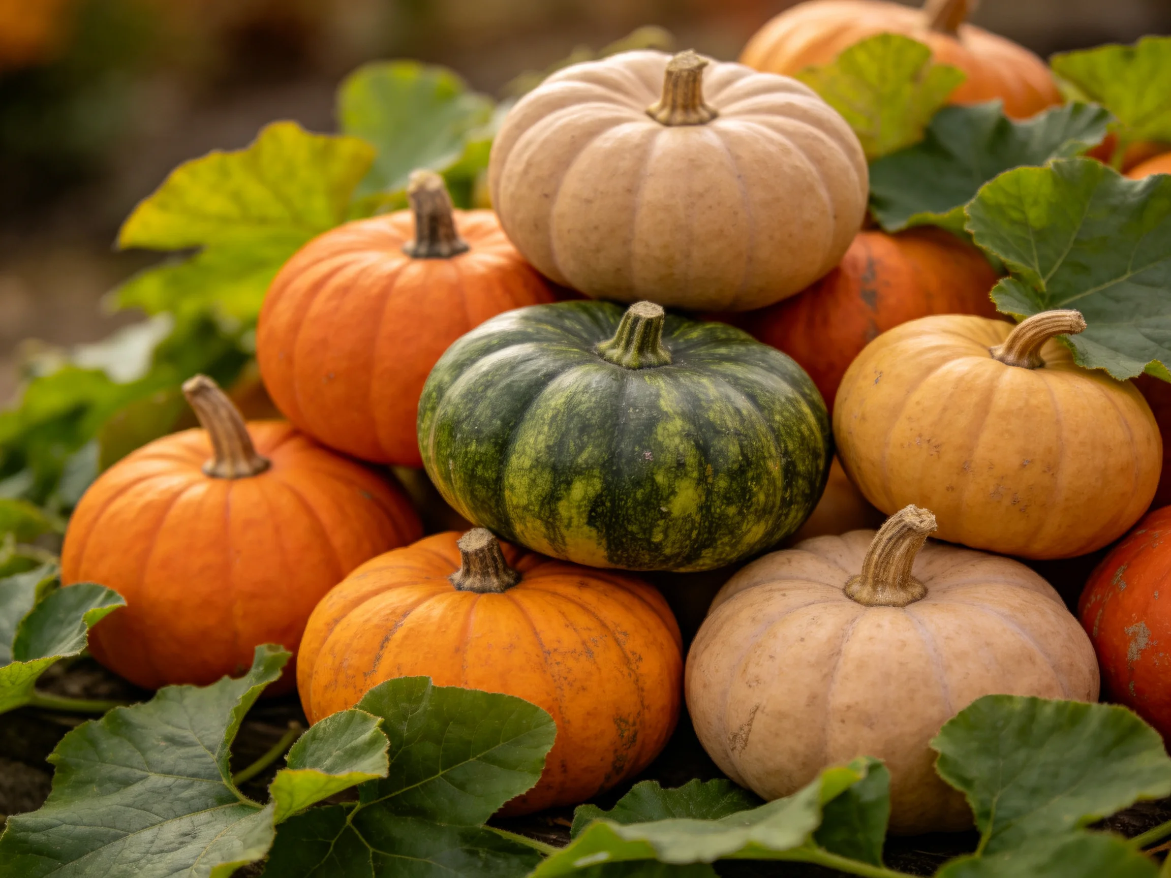 A vibrant collection of small pumpkins stacked amid large green foliage