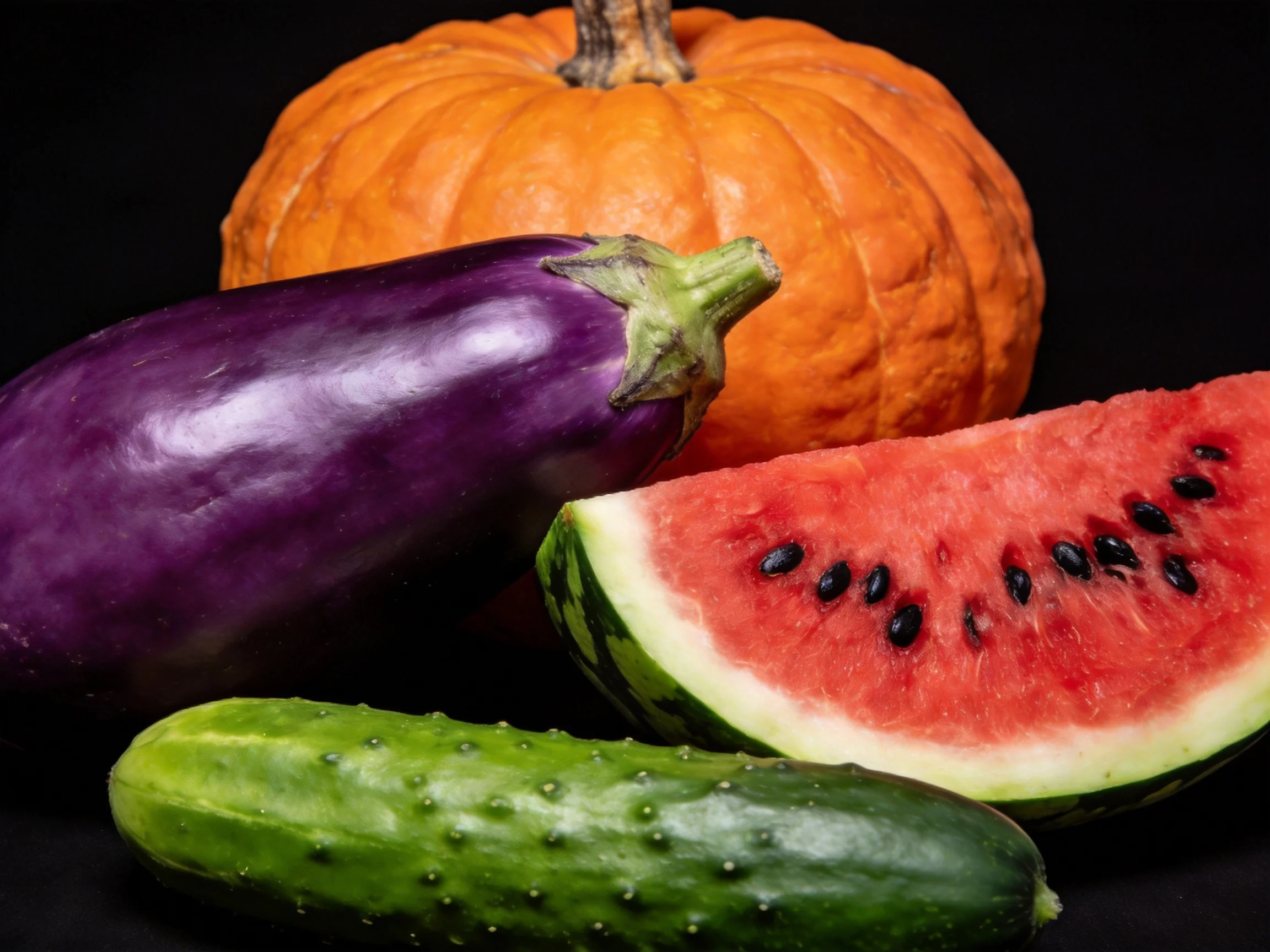 A vibrant display featuring an orange pumpkin, purple eggplant, red watermelon slice, and green cucum