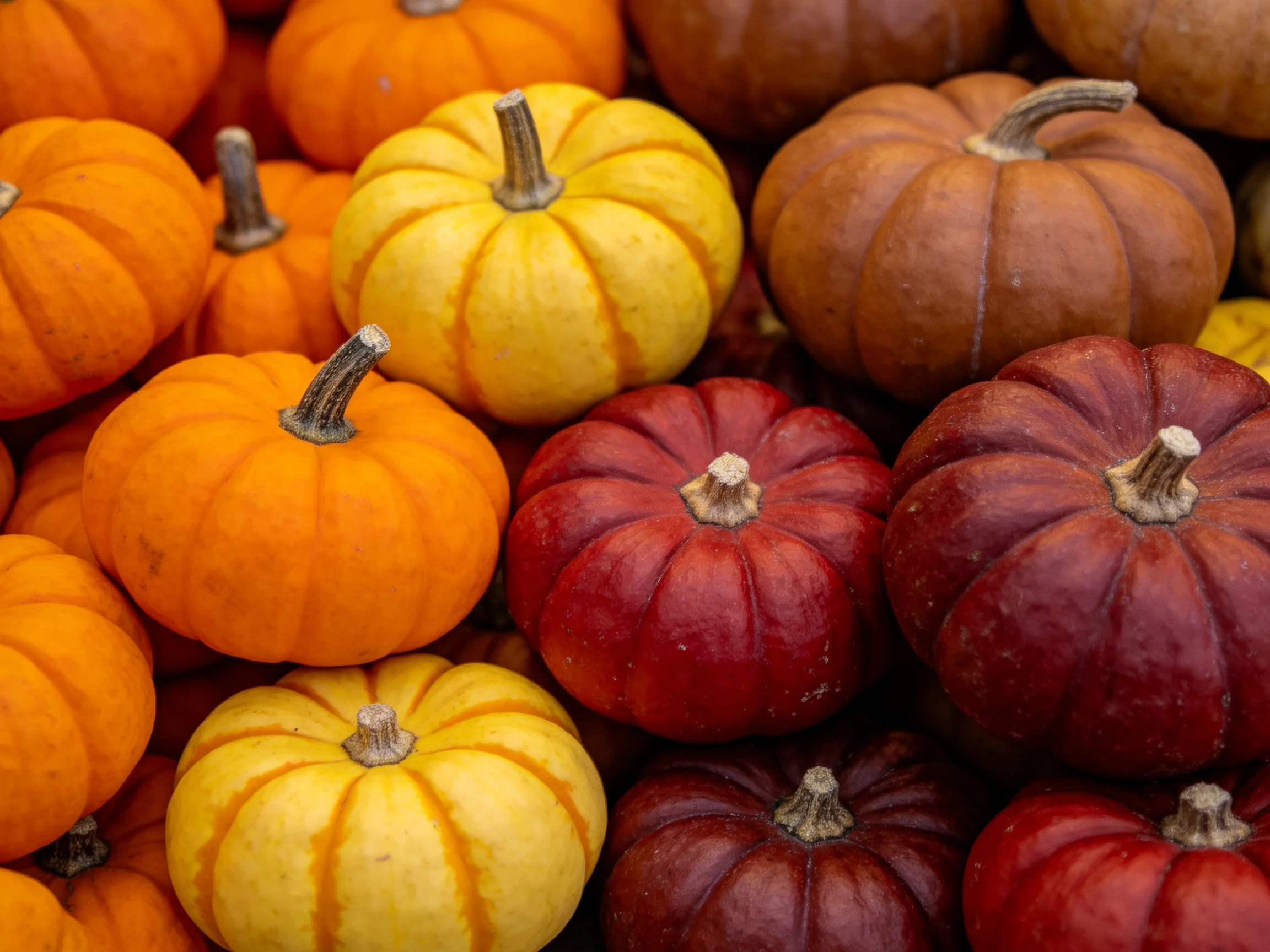 A vibrant display of small pumpkins in diverse autumn colors