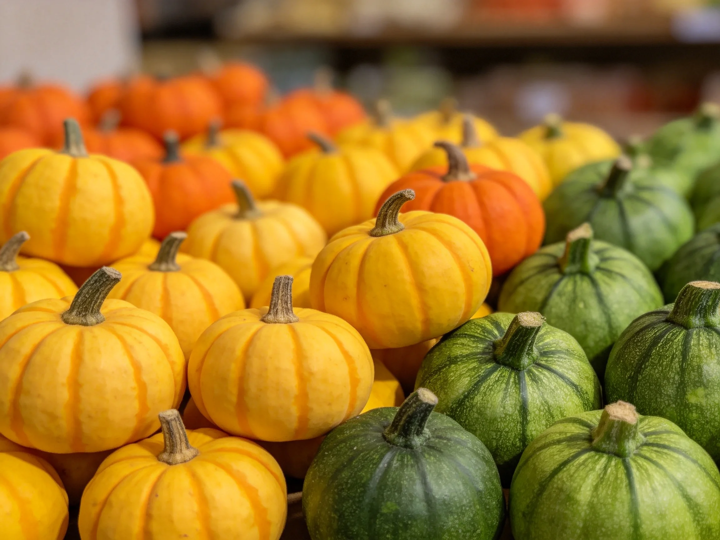 A vibrant display of small pumpkins in yellow, orange, and green varieties