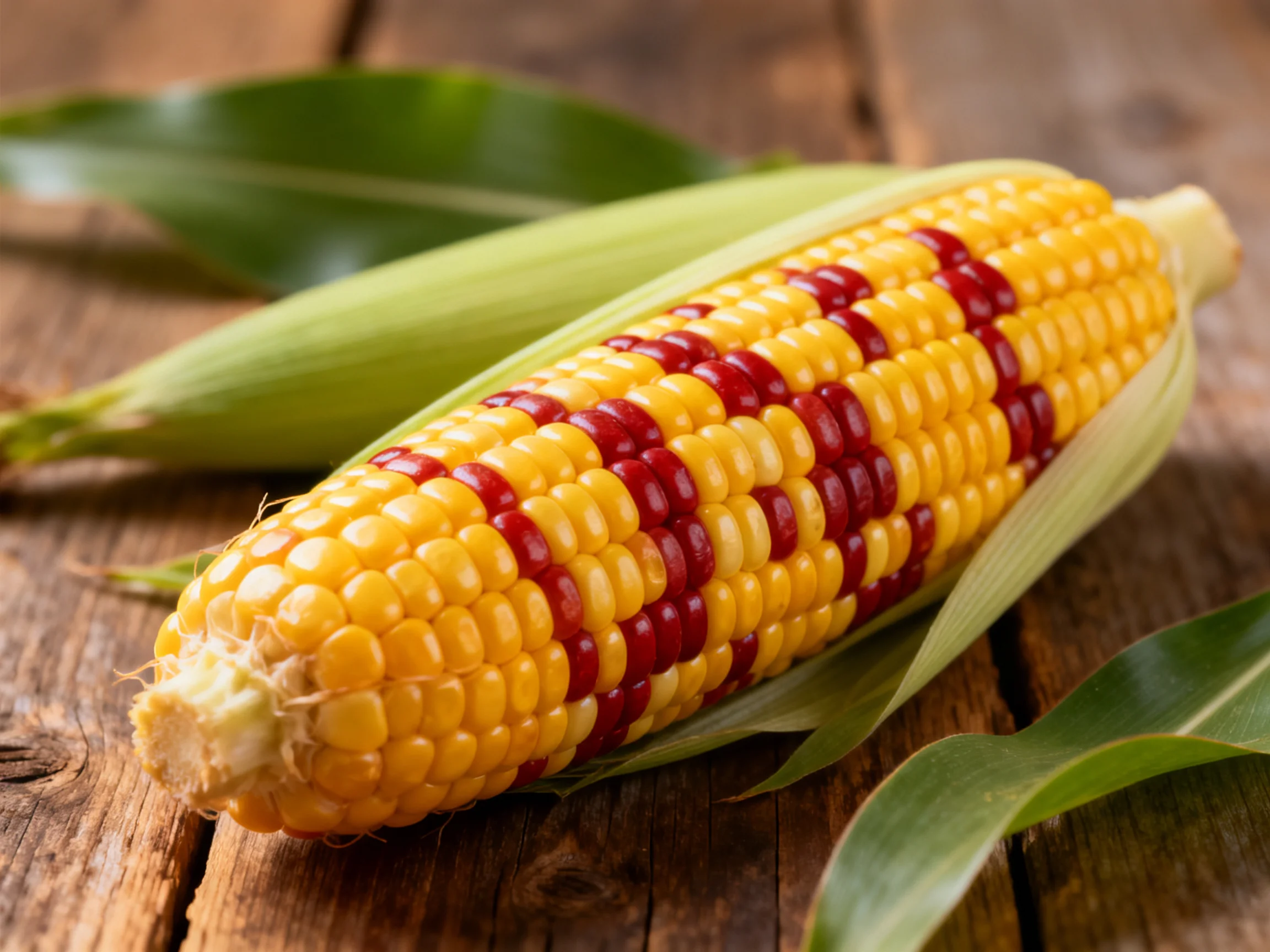 A vibrant ear of multicolored corn rests on a rustic wooden surface