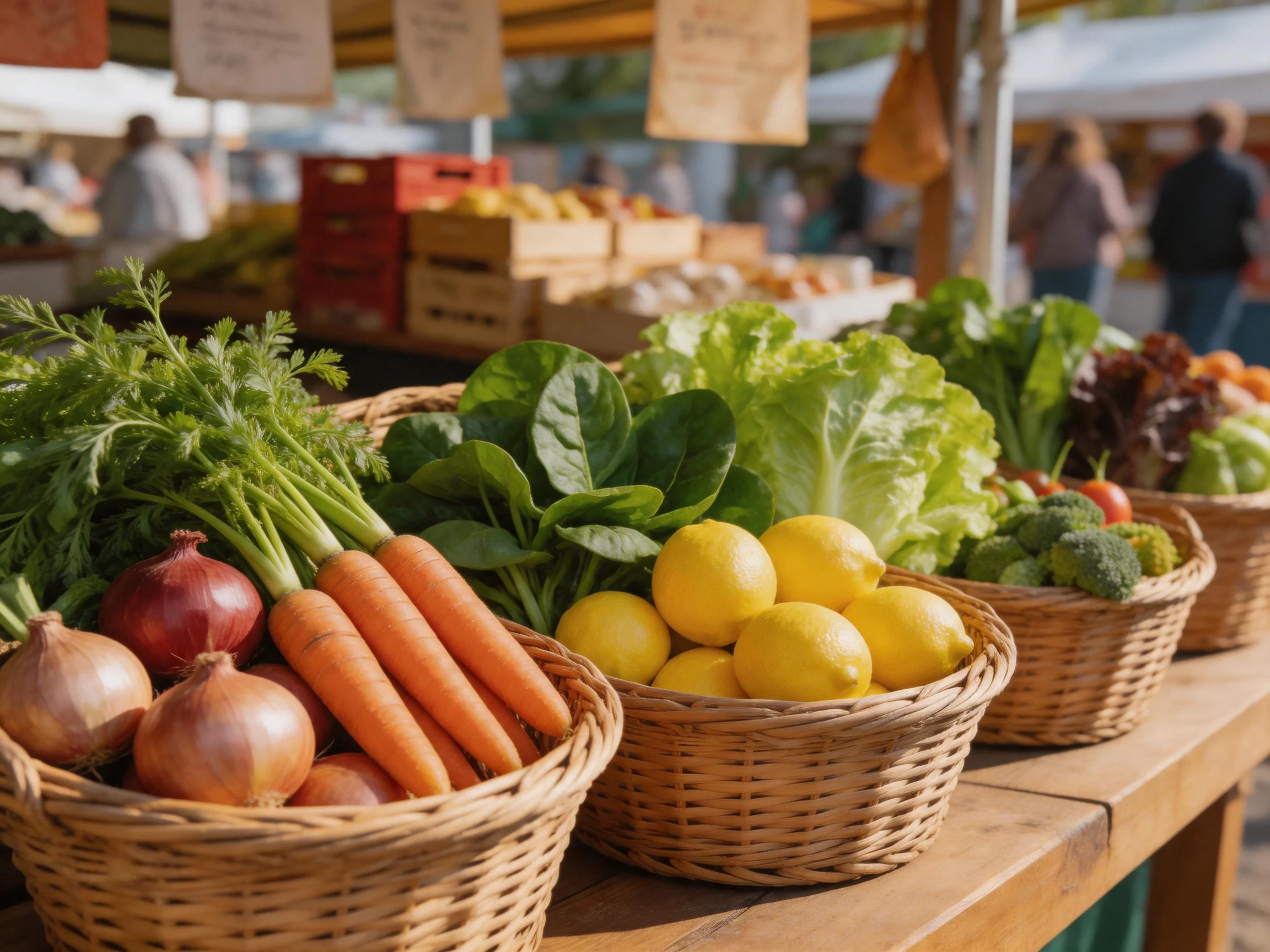 A vibrant farmers market display featuring five baskets of fresh produce