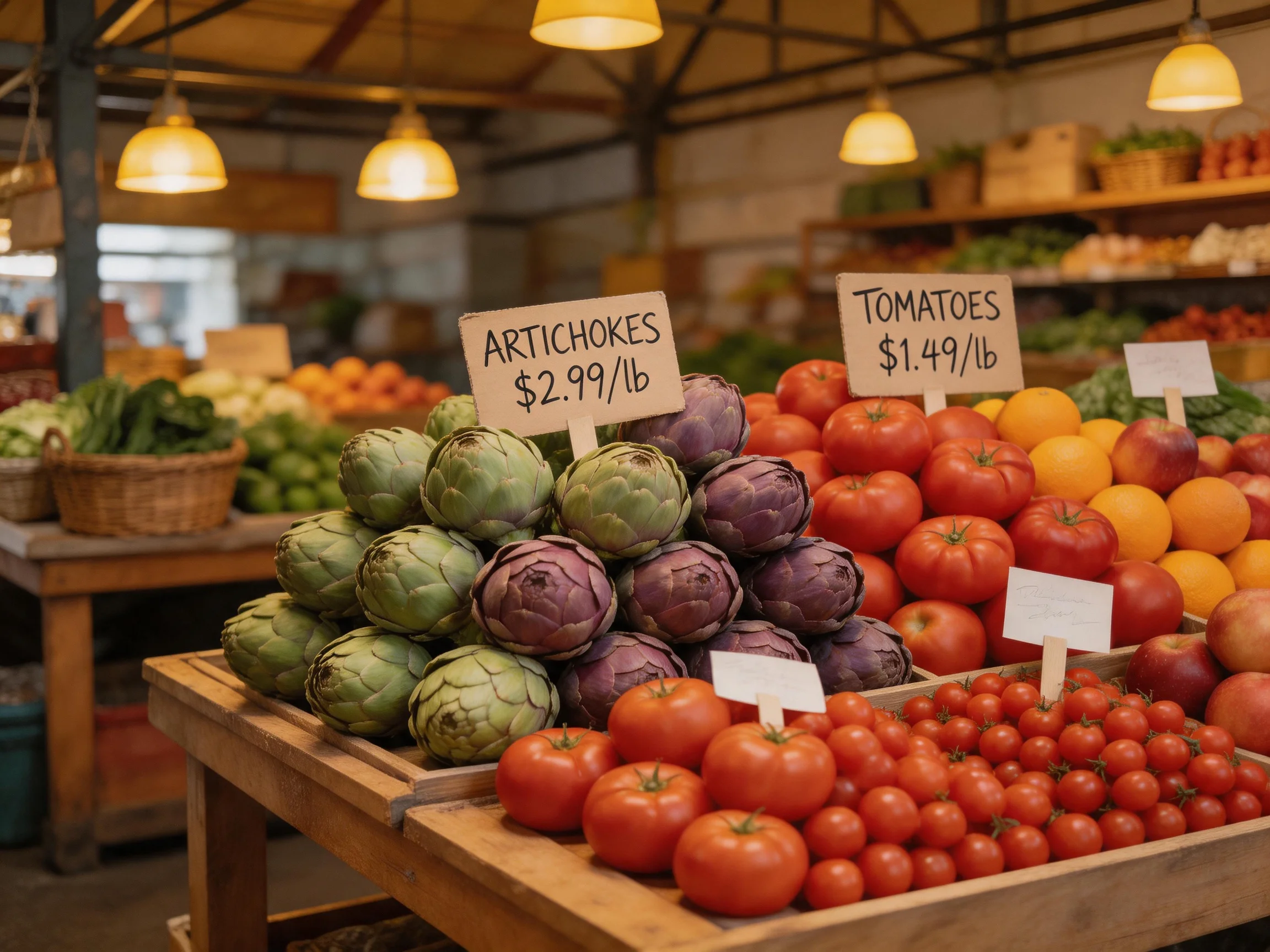 A vibrant farmers market display with artichokes, tomatoes, and assorted produce