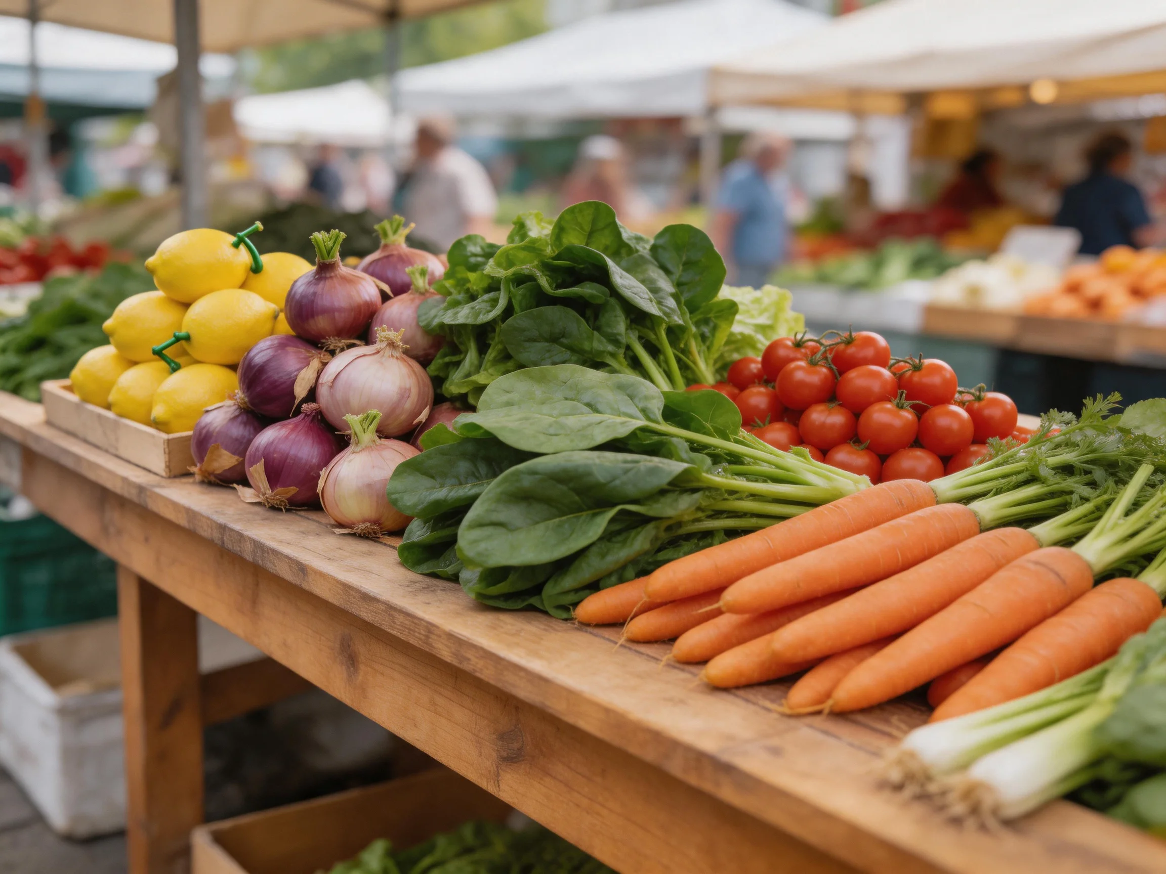 A vibrant farmers market stand with lemons, onions, spinach, tomatoes, and carrots