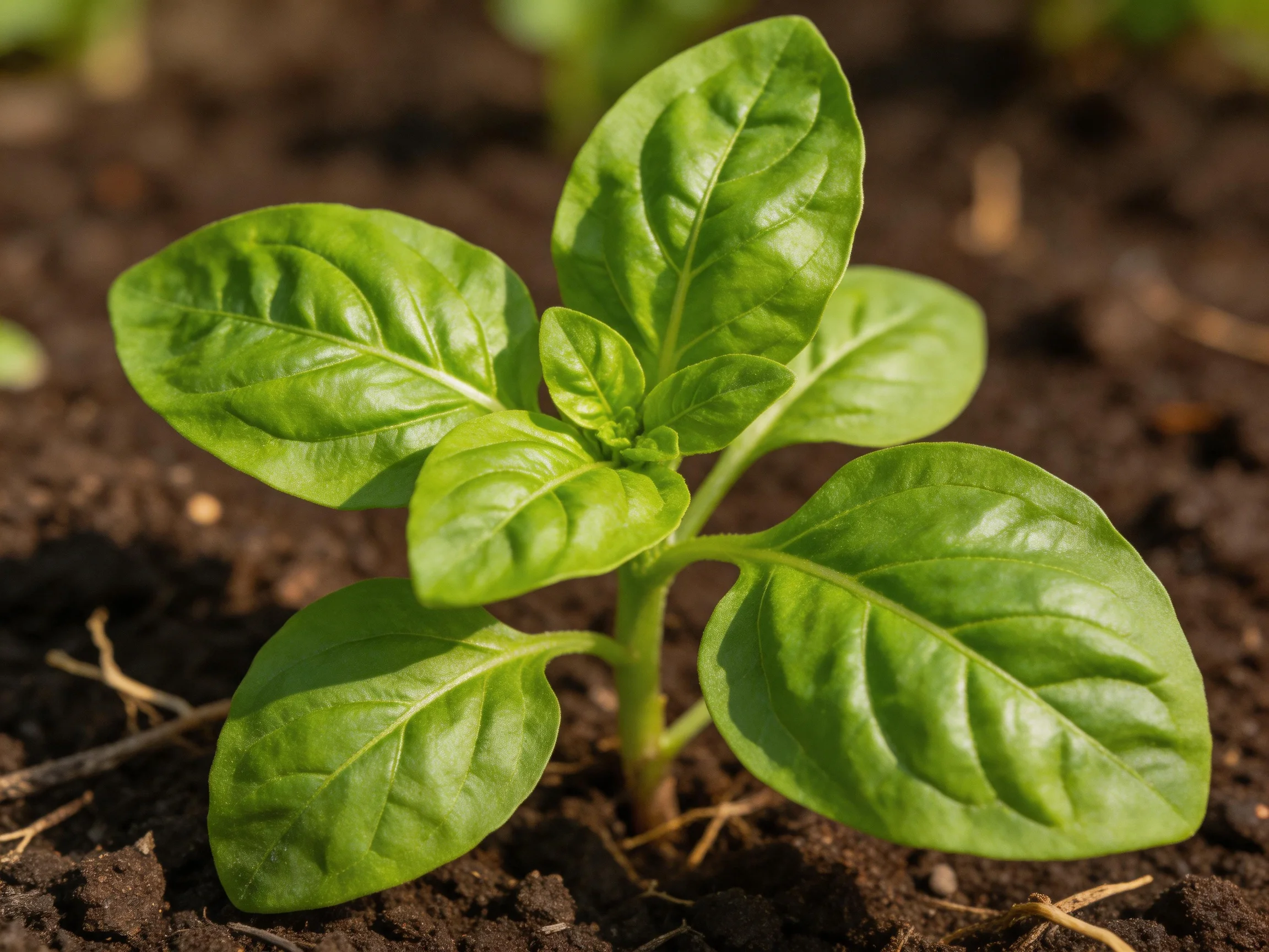 A vibrant green basil seedling with broad leaves grows in dark, fertile soil