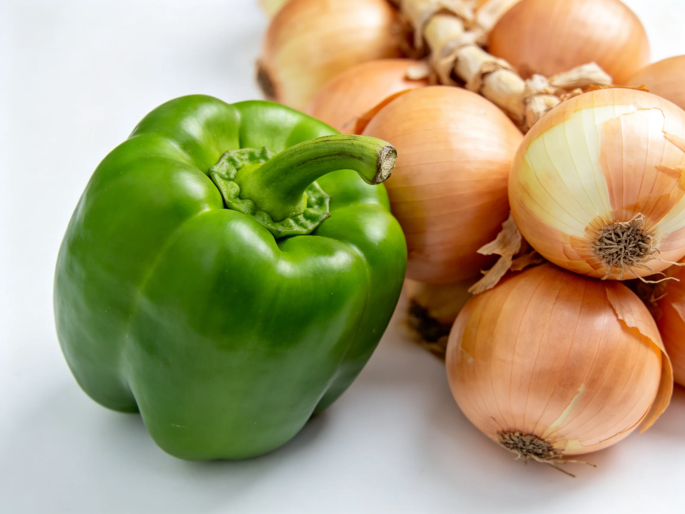 A vibrant green bell pepper beside a cluster of golden-brown onions